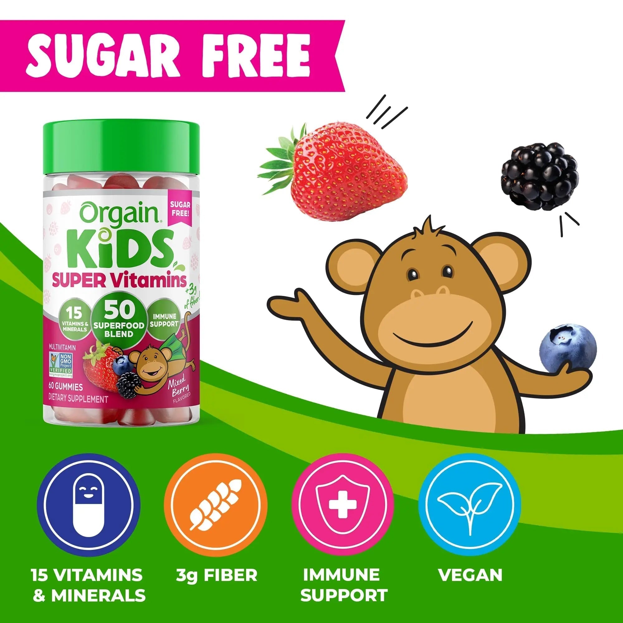 Orgain Kids Sugar Free Multivitamin Gummies, Vegan & Plant Based, 50 Superfoods, 15 Vitamins and Minerals, Immune Support and 3g of Fiber Orgain Au supplements