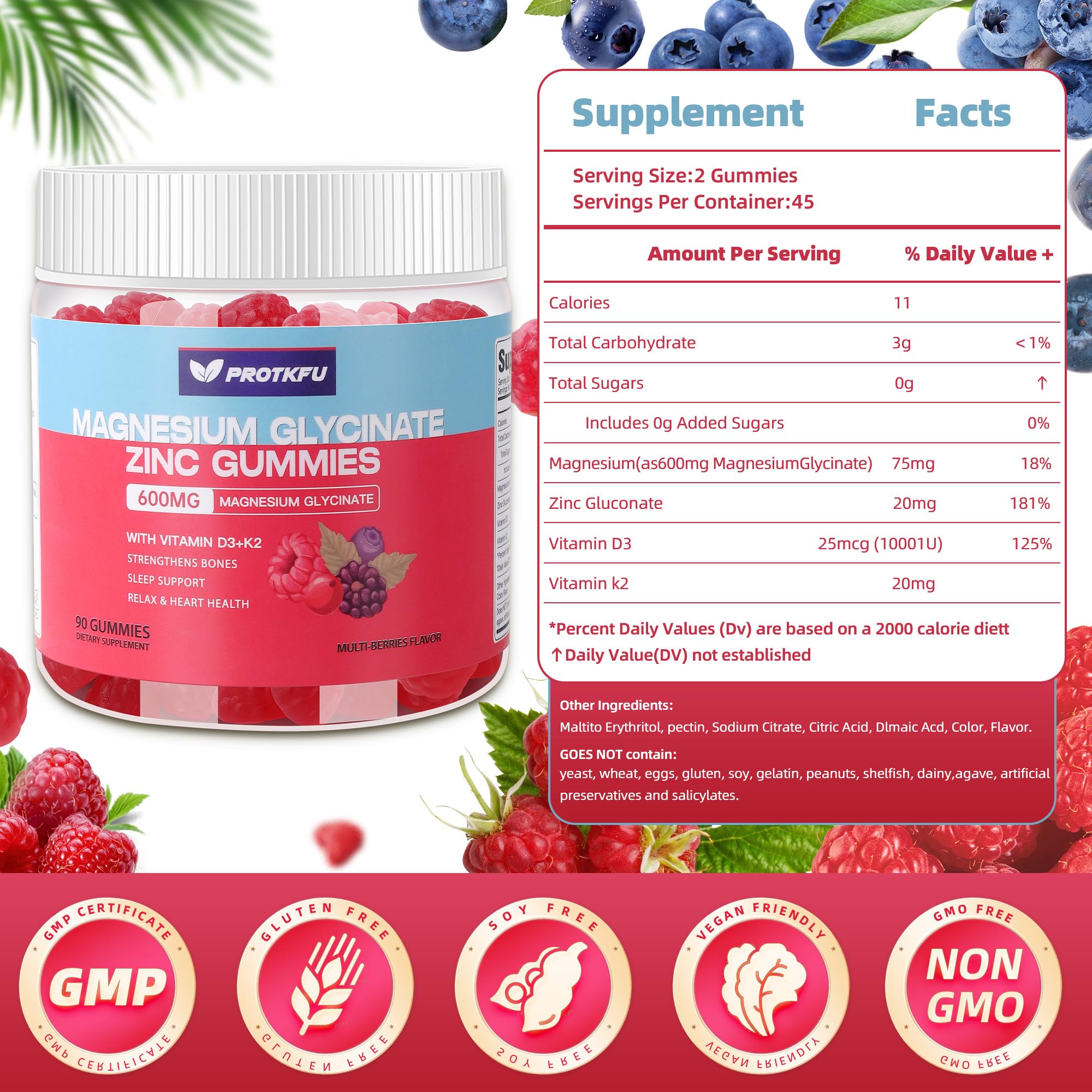 90 CT Magnesium Glycinate Gummies 600mg, Sugar Free Magnesium Gummies w/Zinc & Vitamin D3 & K2 - Magnesium Supplements for Sleep, Supports Bone Health, Nerve & Immune Function ProTKFU Au supplements