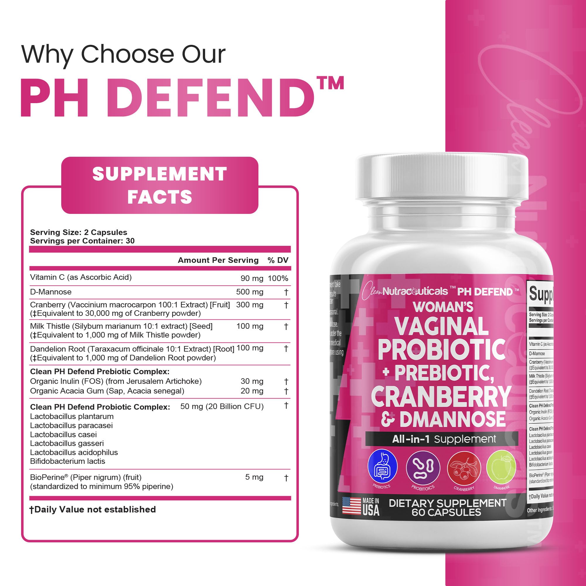 Vaginal Probiotics For Women + Prebiotics 20 Billion Cranberry Pills 30,000mg w/ D-Manno Clean Nutraceuticals Au supplements
