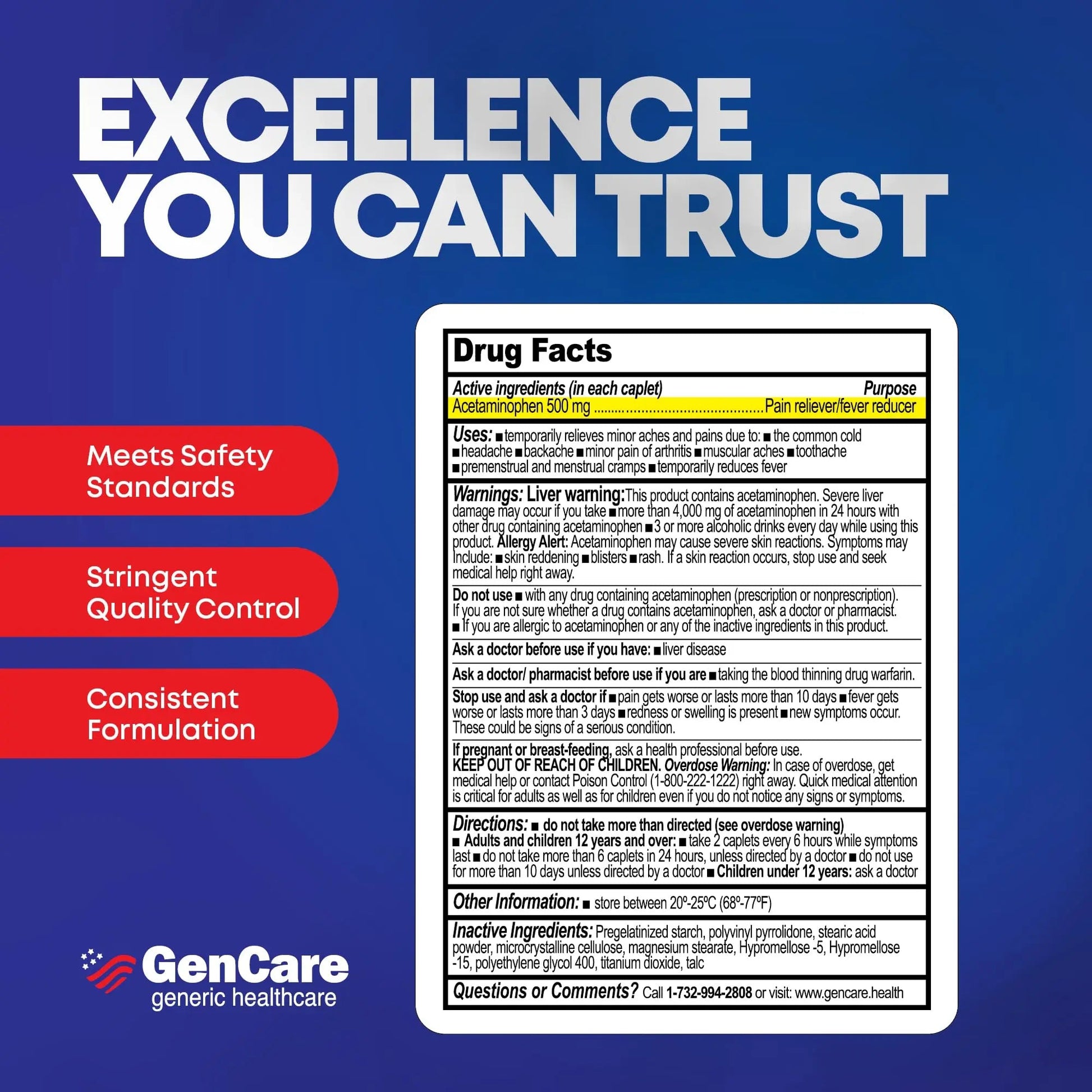 GenCare - Acetaminophen 500mg Extra Strength Pain Relief (300 Caplets) - Multi Symptom Pain Reliever for Headache, Sinus, Arthritis, Back Pain Muscle Ache, Toothache, Fever Reducer, Migraine GenCare Au supplements