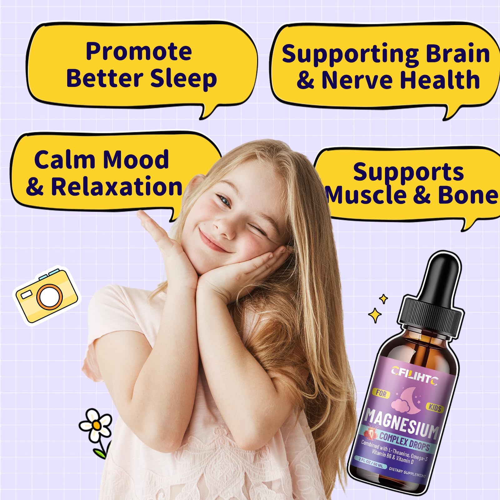 Kids Magnesium Liquid Drops-Magnesium Glycinate Liquid for Kids Supplement-w/L-theanine, Omega-3, Vitamin B6, D3 - for Sleep, Relaxation, Brain, Bones - 4 Fl Oz Children's Calm CFILIHTC Au supplements