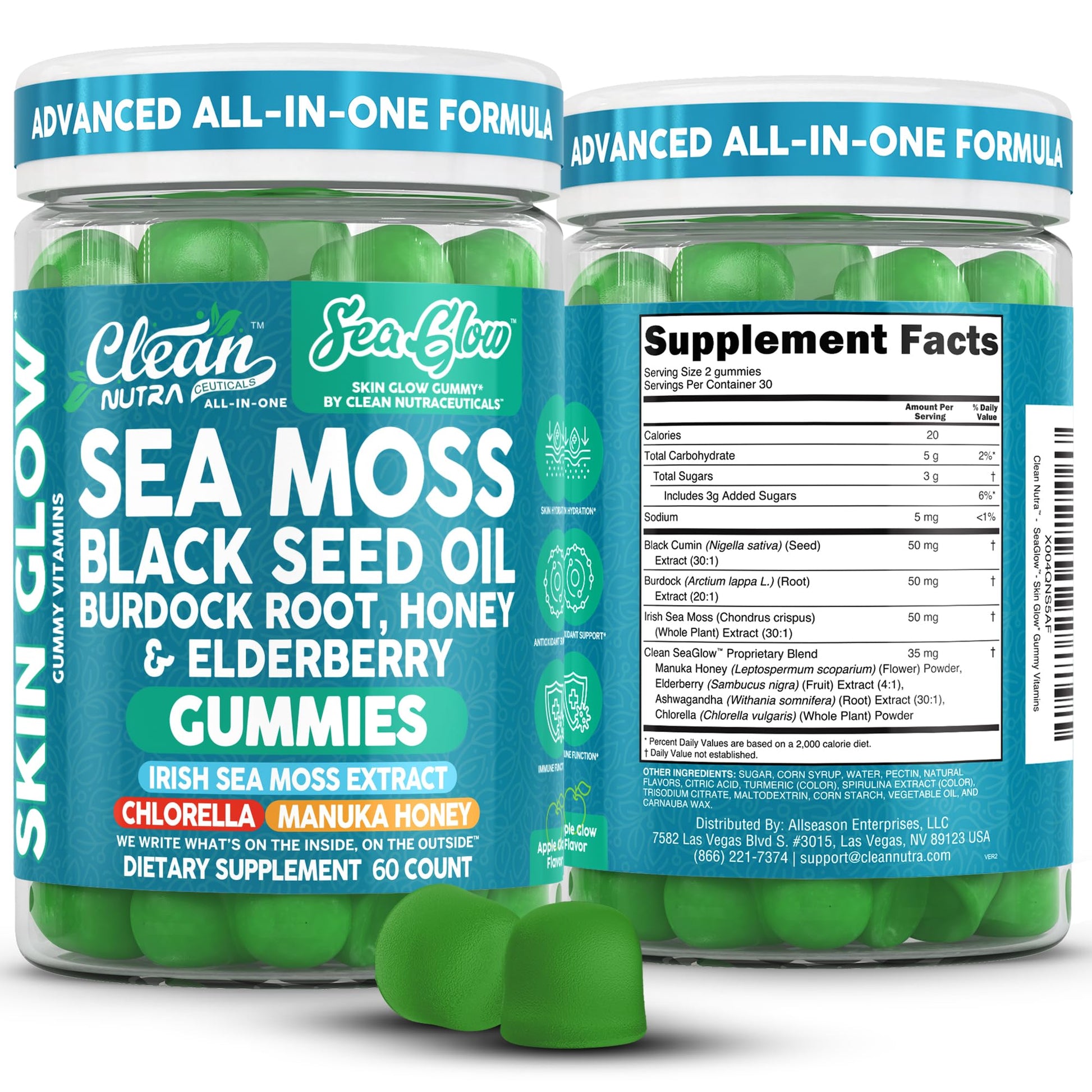 Clean Nutra Sea Moss Gummies Black Seed Oil Chlorella Ashwagandha Root Hair Growth Skin Glow Irish Sea Moss Elderberry Burdock Manuka Honey Trace Minerals Detox 60 Gummy Vitamins Sea Glow Supplement Clean Nutraceuticals Au supplements