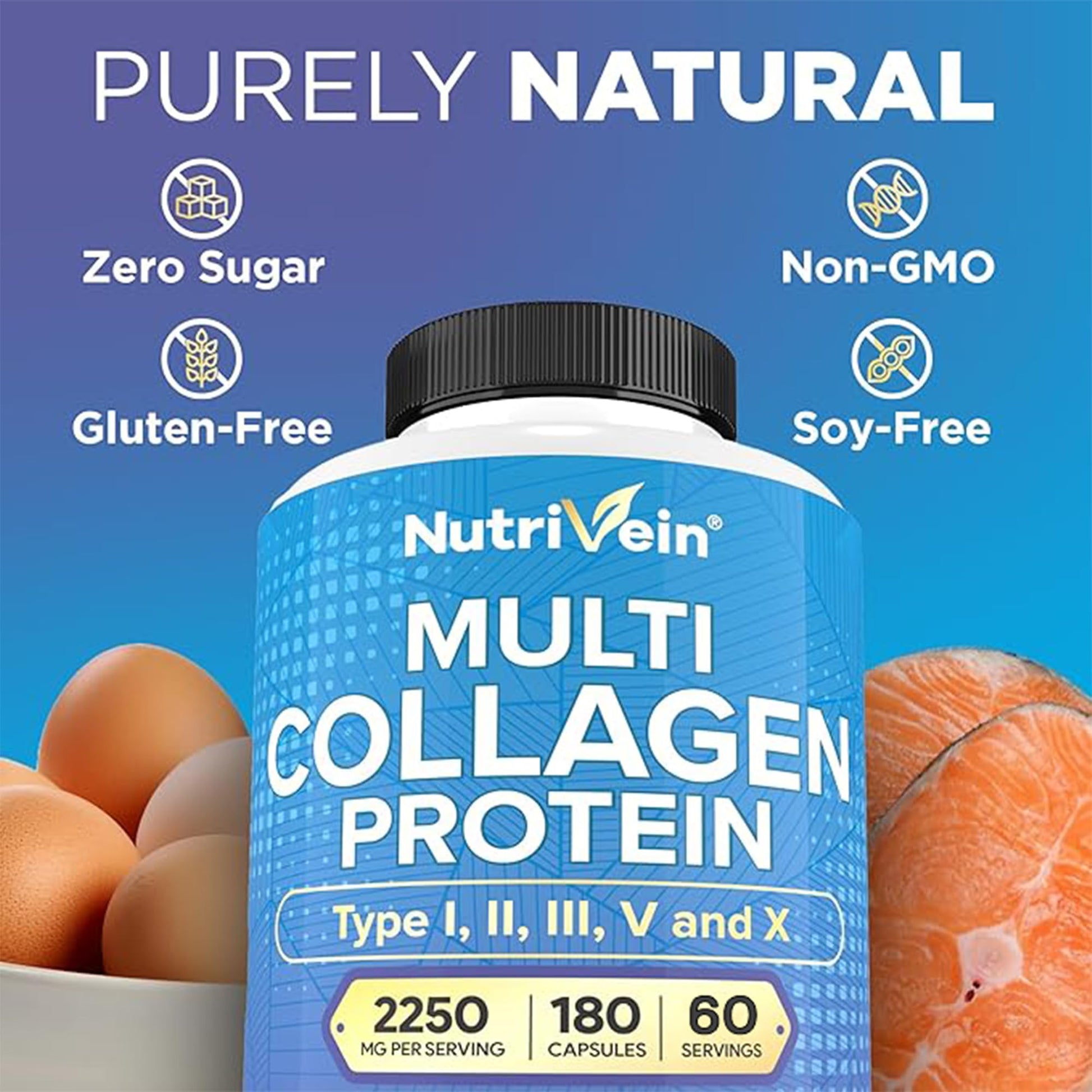 Nutrivein Premium Multi Collagen Pills 2250 mg - 180 Easy-to-Swallow Collagen Capsules: Type I, II, III, V, X Hydrolyzed Protein Peptides for Women and Men - Aging, Joints, Hair, Skin, Bones, & Nails Nutrivein Au supplements