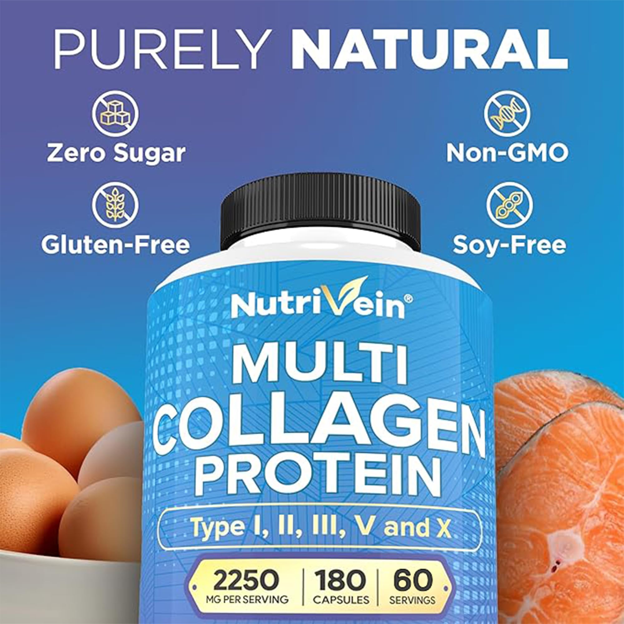 Nutrivein Premium Multi Collagen Pills 2250 mg - 180 Easy-to-Swallow Collagen Capsules: Type I, II, III, V, X Hydrolyzed Protein Peptides for Women and Men - Aging, Joints, Hair, Skin, Bones, & Nails Nutrivein Au supplements