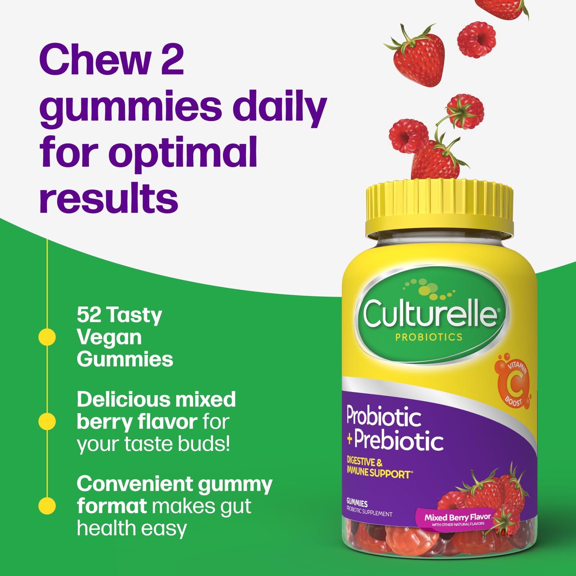 Culturelle Daily Probiotic Gummies for Women & Men, Berry Flavor, 52 Count, Naturally-Sourced Daily Probiotic + Prebiotic for Digestive Health, Non-GMO & Vegan Culturelle Au supplements