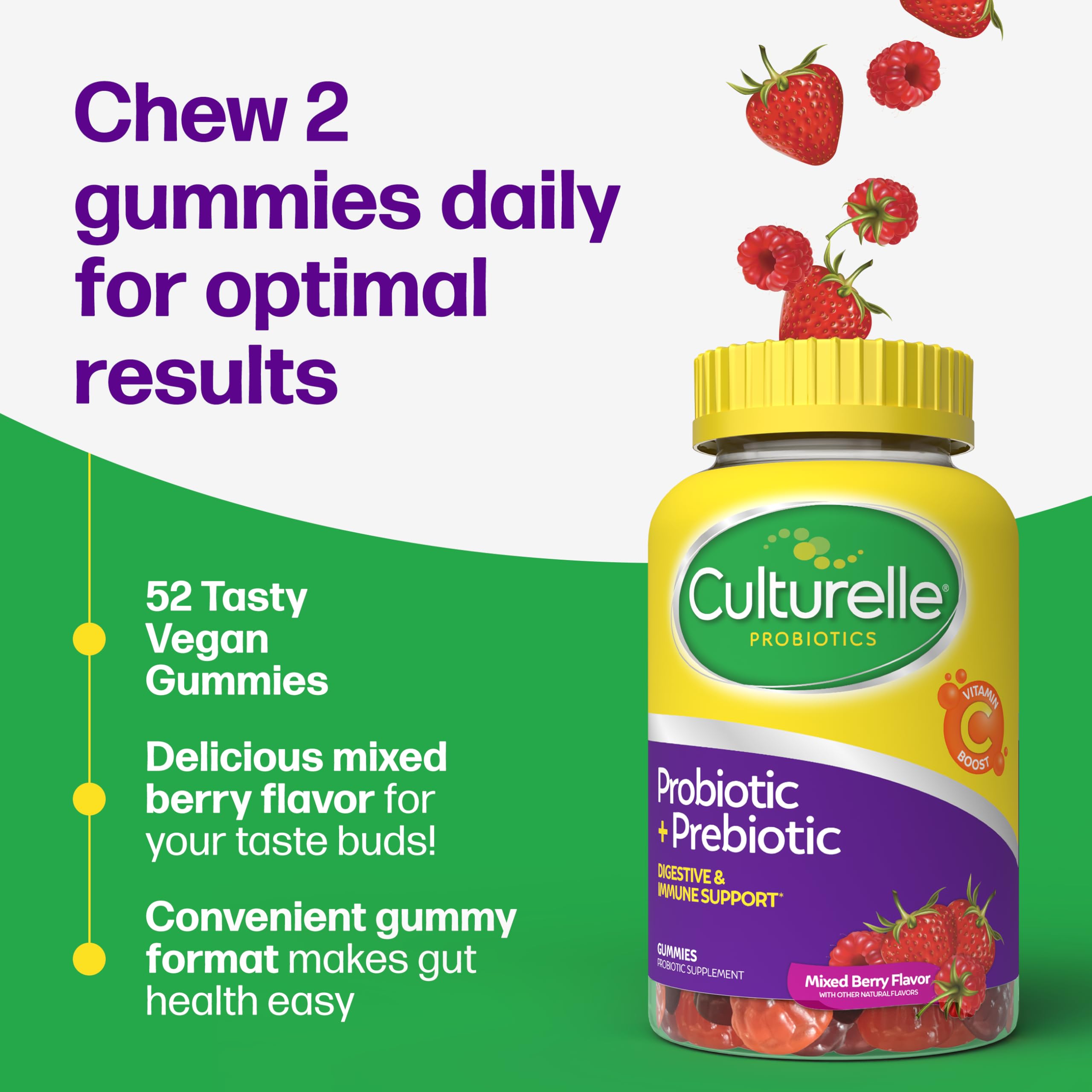 Culturelle Daily Probiotic Gummies for Women & Men, Berry Flavor, 52 Count, Naturally-Sourced Daily Probiotic + Prebiotic for Digestive Health, Non-GMO & Vegan Culturelle Au supplements