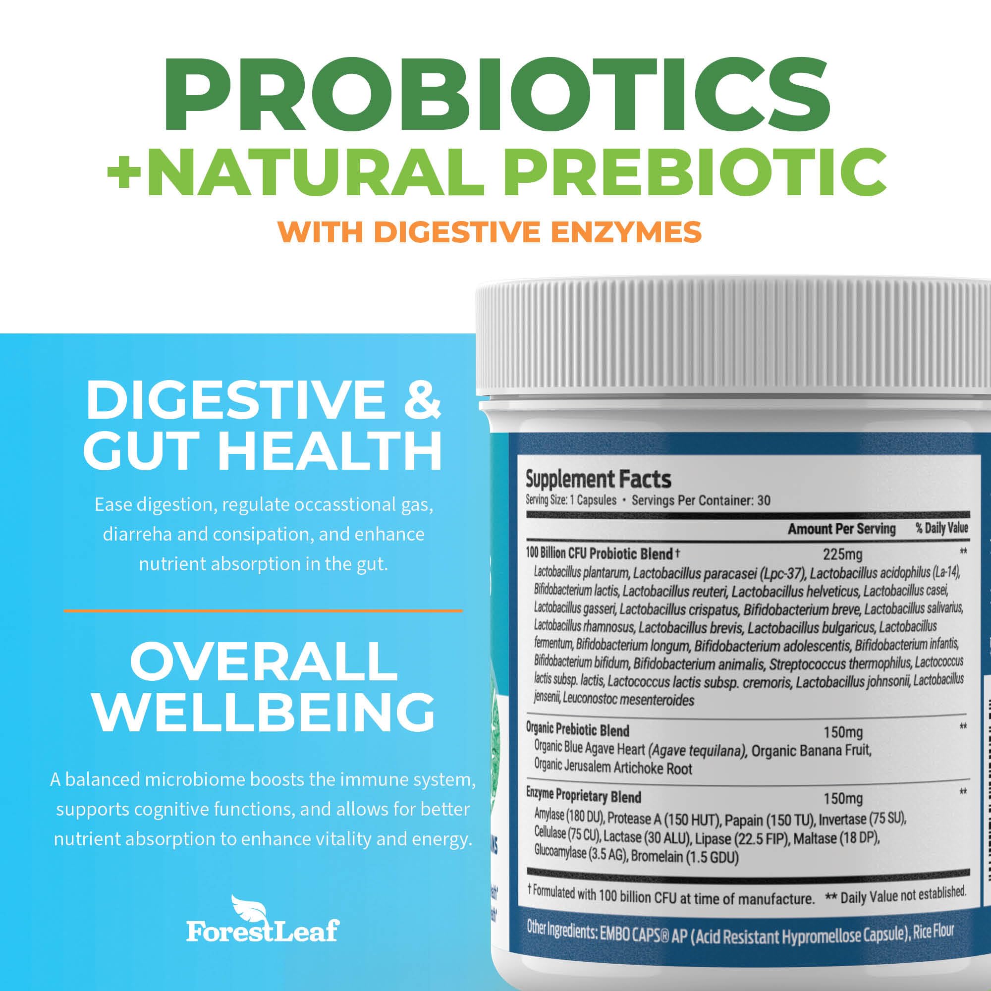 Probiotics for Men and Women, 100 Billion CFU, 26 Unique Strains, Men's and Women's Probiotic and Prebiotics Support Digestive Health, Gut Wellness, Energy, Mood, Immune, PH Balance (30 Caps) ForestLeaf Au supplements