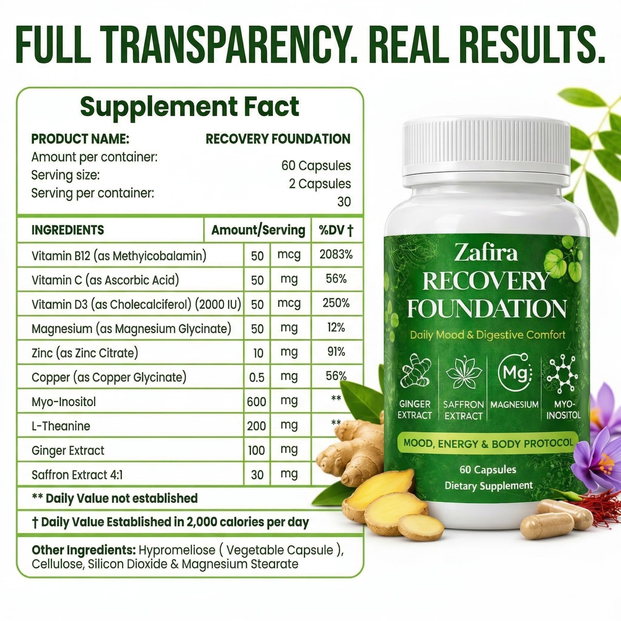 DYDUON Zafira Recovery Foundation Capsules – Mental Clarity, Hair & Mood Support, Natural Herbal Formula with Saffron Extract, Ginger Extract, L-Theanine, Myo-Inositol, Non-GMO, 60 Capsules DYDUON Au supplements