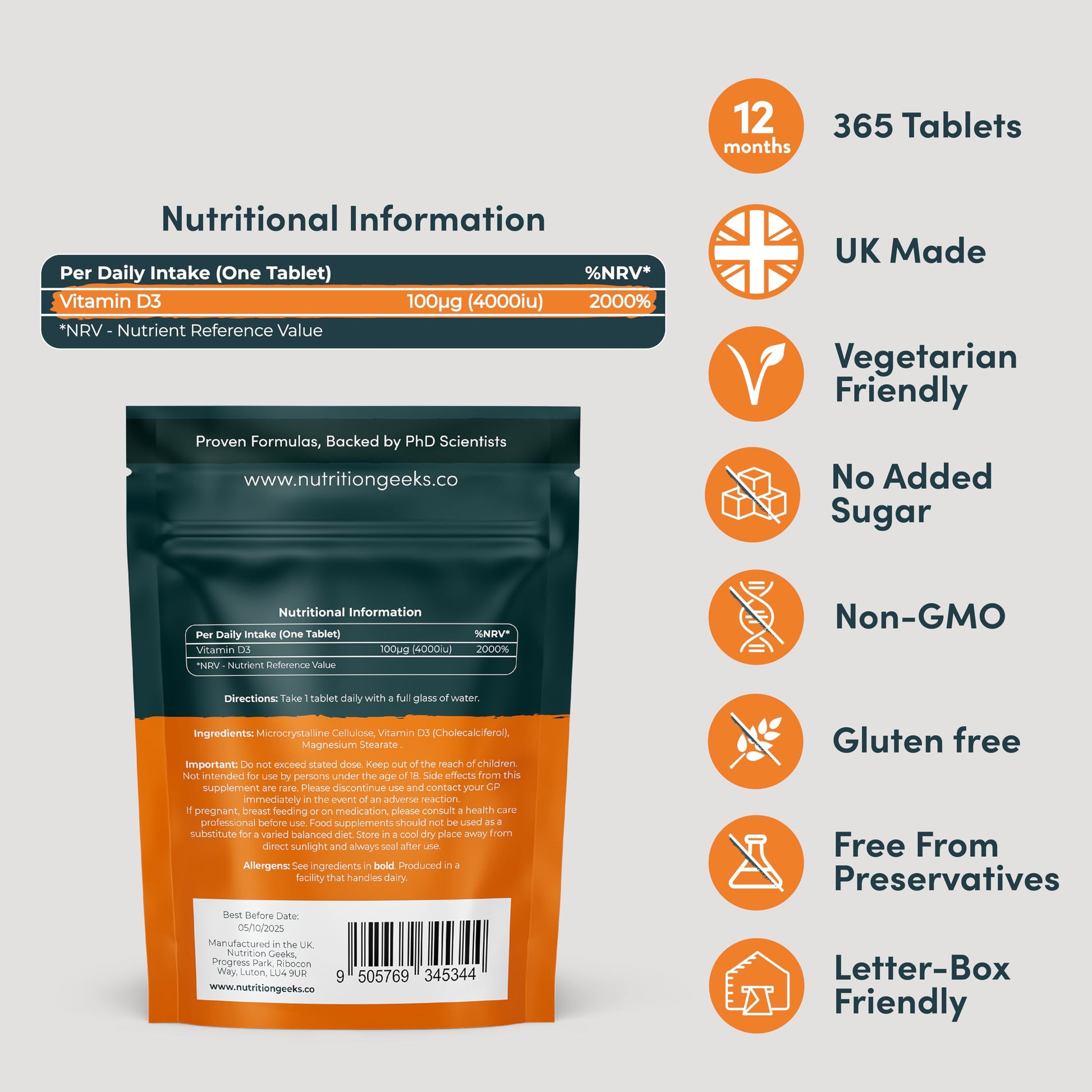 Vegetarian Vitamin D3 4000 iu - 1 Year Supply, 365 Easy-Swallow High Strength Vitamin Nutrition Geeks Au supplements