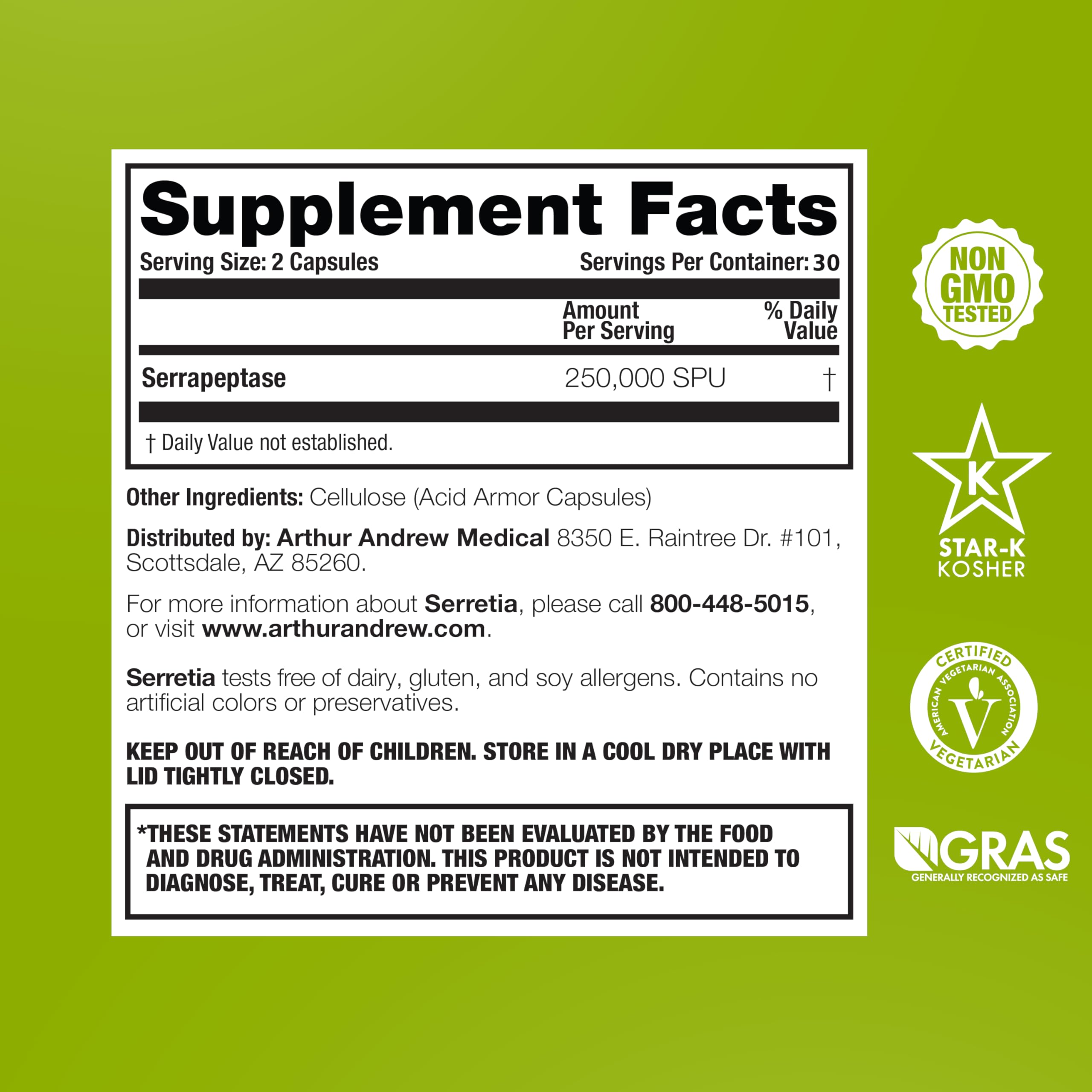 Arthur Andrew Medical, Serretia, Serrapeptase Formula for Muscle and Sinus Support, 60 Capsules Arthur Andrew Medical Au supplements