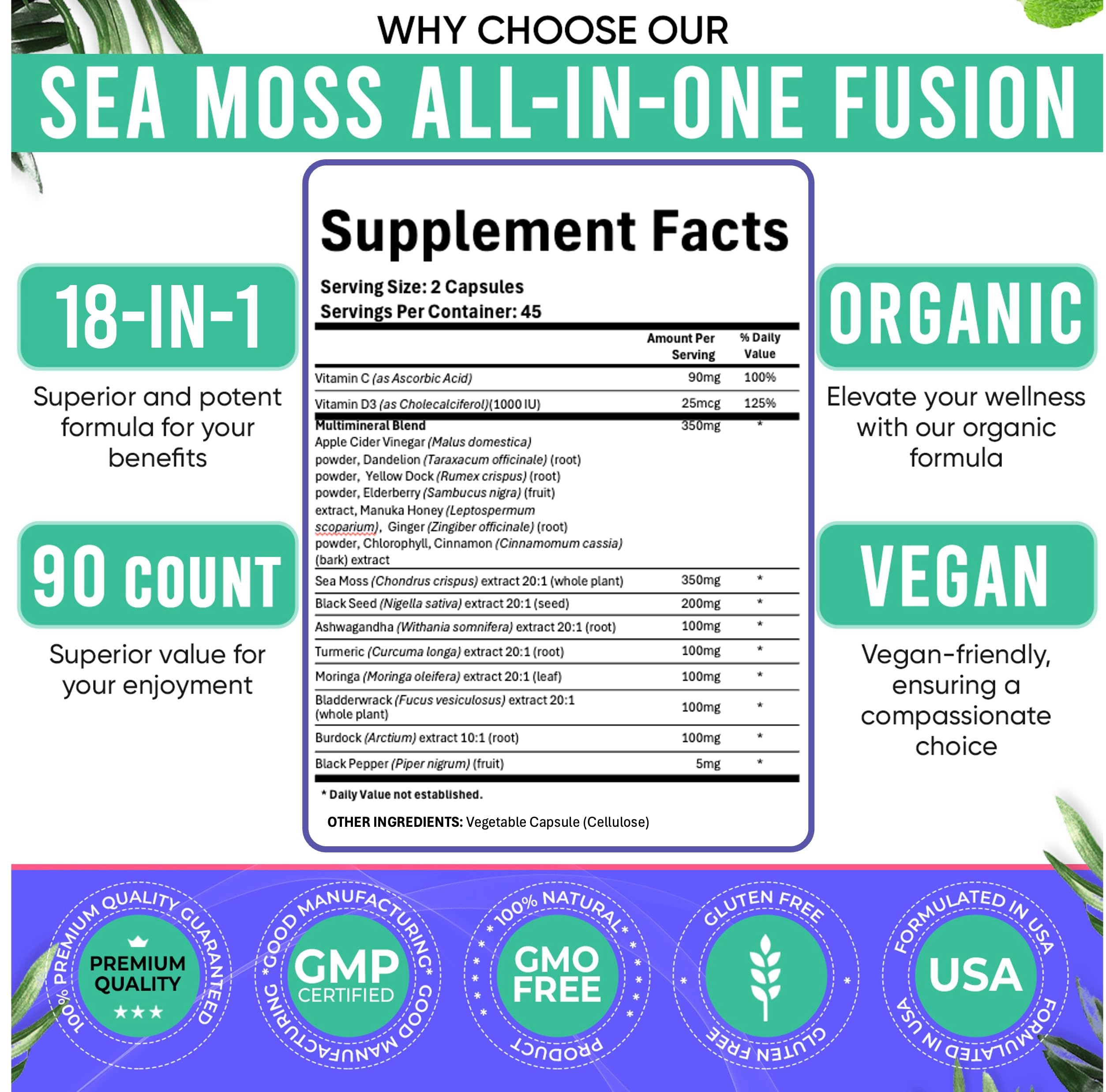 Adndale Sea Moss Capsules - Sea Moss Blend with Ashwagandha, Turmeric & Black Seed Oil - 180 Count Adndale Au supplements