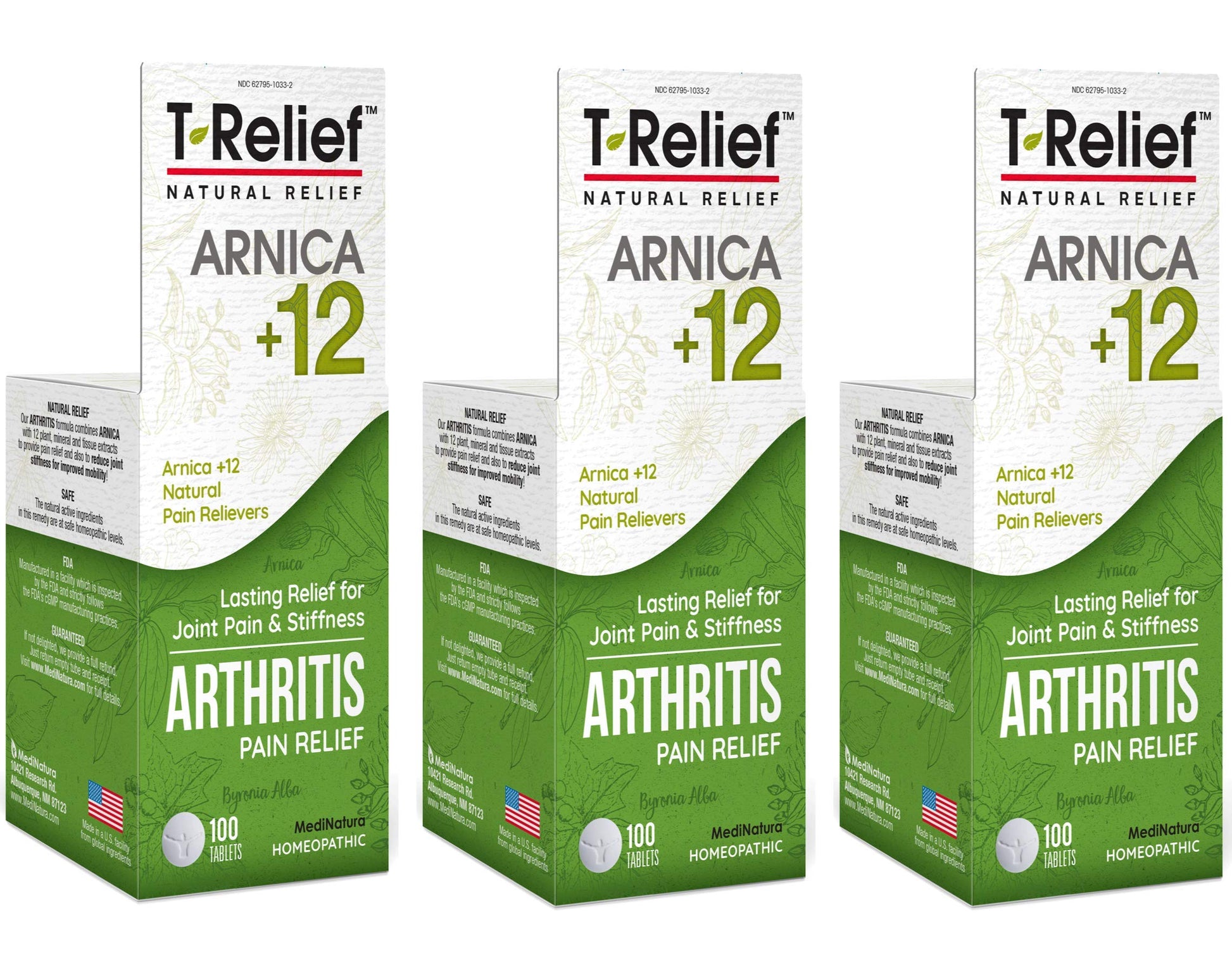 MediNatura T-Relief Extra Strength Arthritis Pain Reliever Arnica +12 Natural Medicines for Joint Soreness Stiffness Aches, Quick Dissolving Pain Relief for Women & Men - 100 Tablets (Pack of 3) MediNatura Au supplements