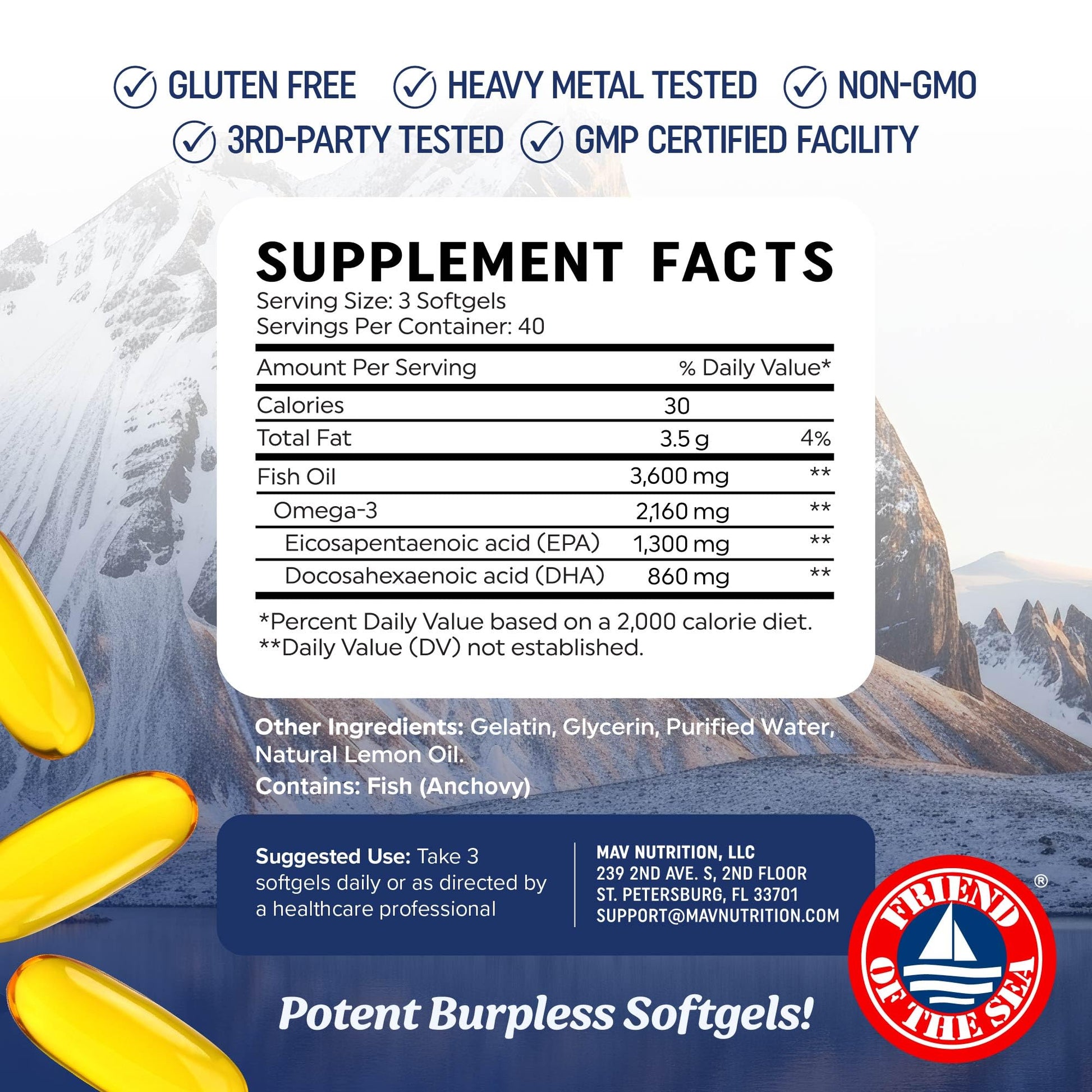 Triple Strength DHA Omega 3 Fish Oil 3600 mg | Over 2100mg Omega-3 Fatty Acids with 860mg of DHA | 1300mg EPA | Best Essential Fatty Acids | Premium Wild Caught & Burpless Fish Oil | 120 ct. MAV NUTRITION Au supplements