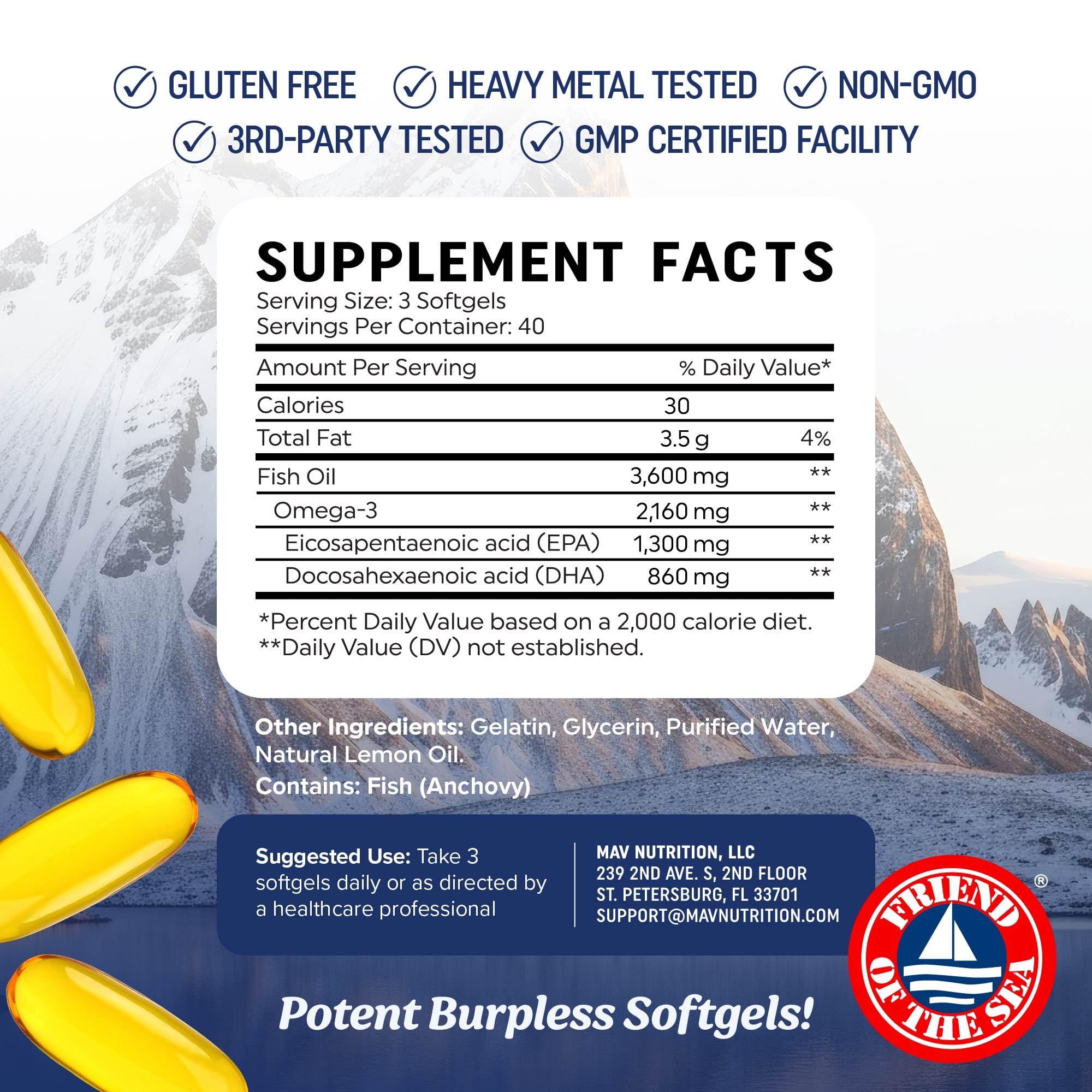 Triple Strength DHA Omega 3 Fish Oil 3600 mg | Over 2100mg Omega-3 Fatty Acids with 860mg of DHA | 1300mg EPA | Best Essential Fatty Acids | Premium Wild Caught & Burpless Fish Oil | 120 ct. MAV NUTRITION Au supplements