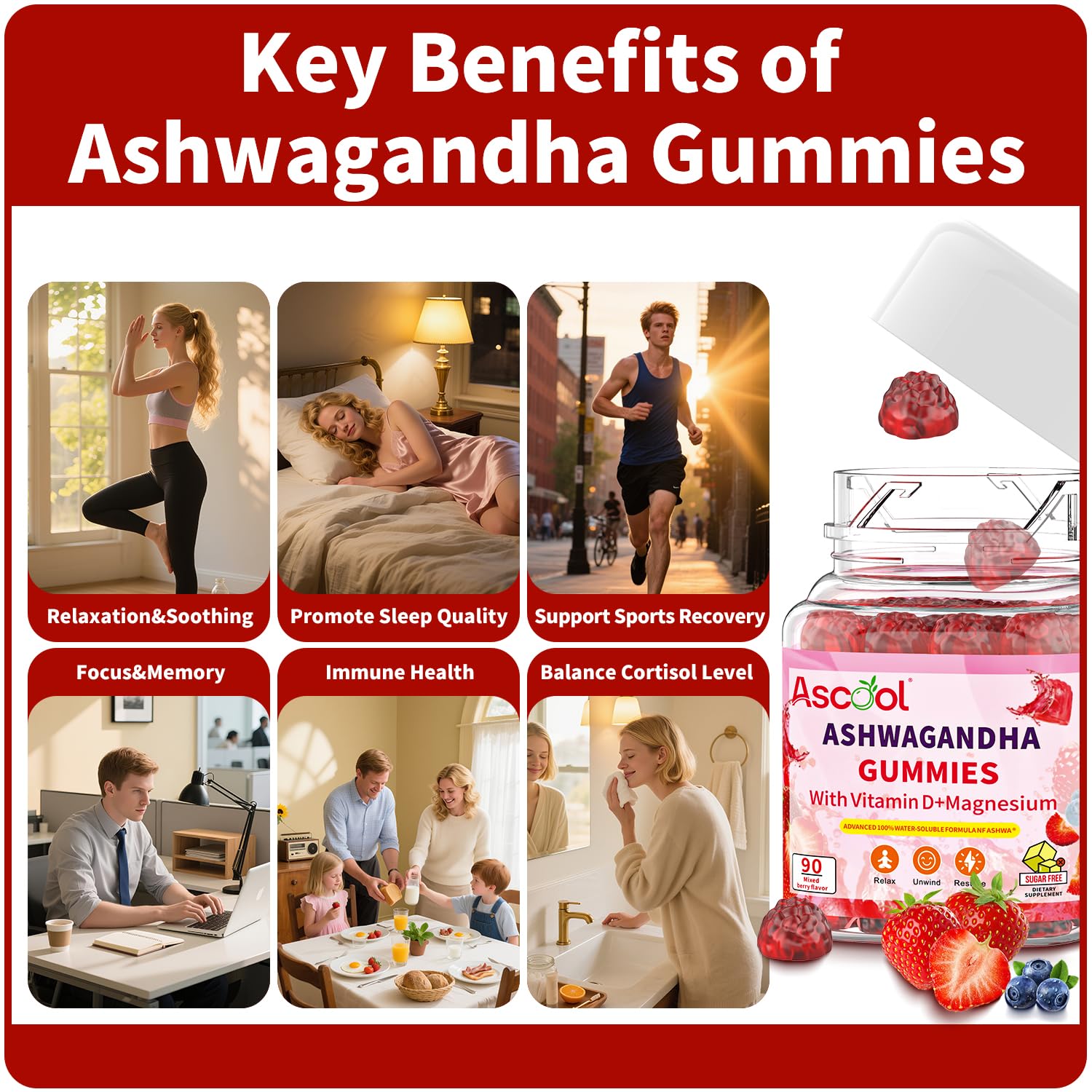Ascool Ashwagandha Gummies for Stress Support & Relaxation with Magnesium + Vitamin D – 90 Count Sugar-Free, Vegan Ashwa Supplements Ascool Au supplements