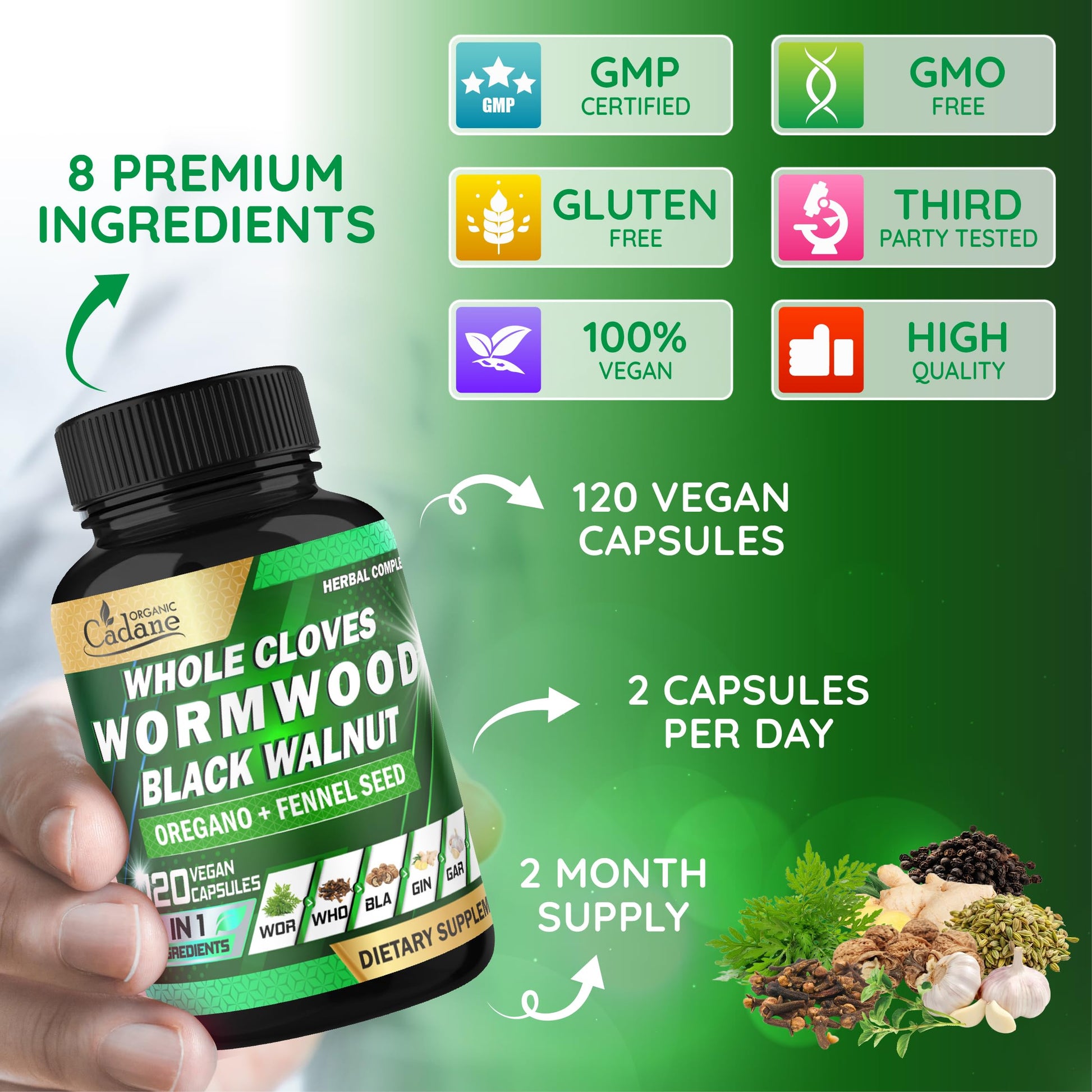 Cadane Wormwood Whole Cloves Black Walnut with Ginger, Garlic, Oregano, Fennel & Black Pepper | Digestive & Wellness Support | 120 Capsules – 60-Day Organic Cadane Au supplements