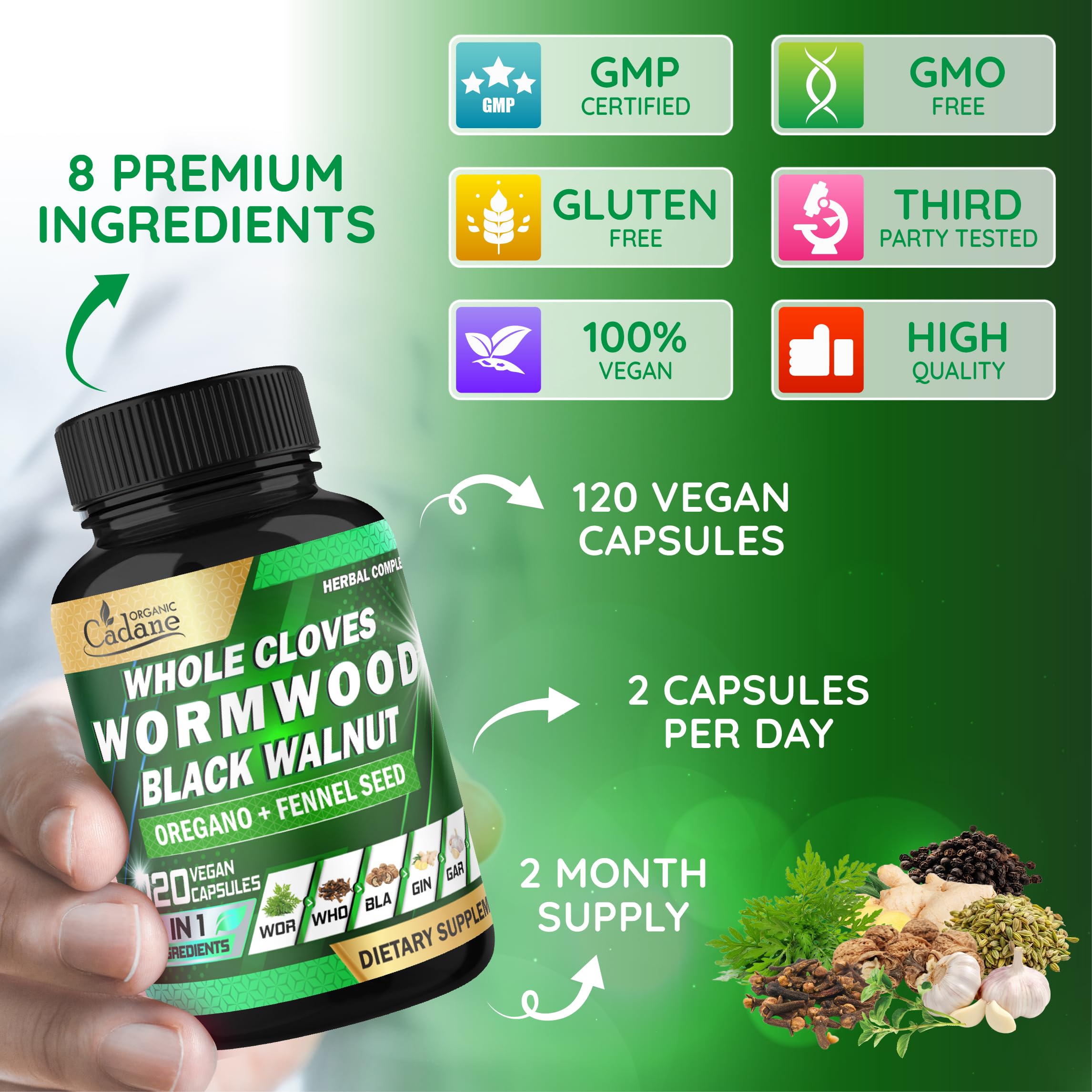 Cadane Wormwood Whole Cloves Black Walnut with Ginger, Garlic, Oregano, Fennel & Black Pepper | Digestive & Wellness Support | 120 Capsules – 60-Day Organic Cadane Au supplements