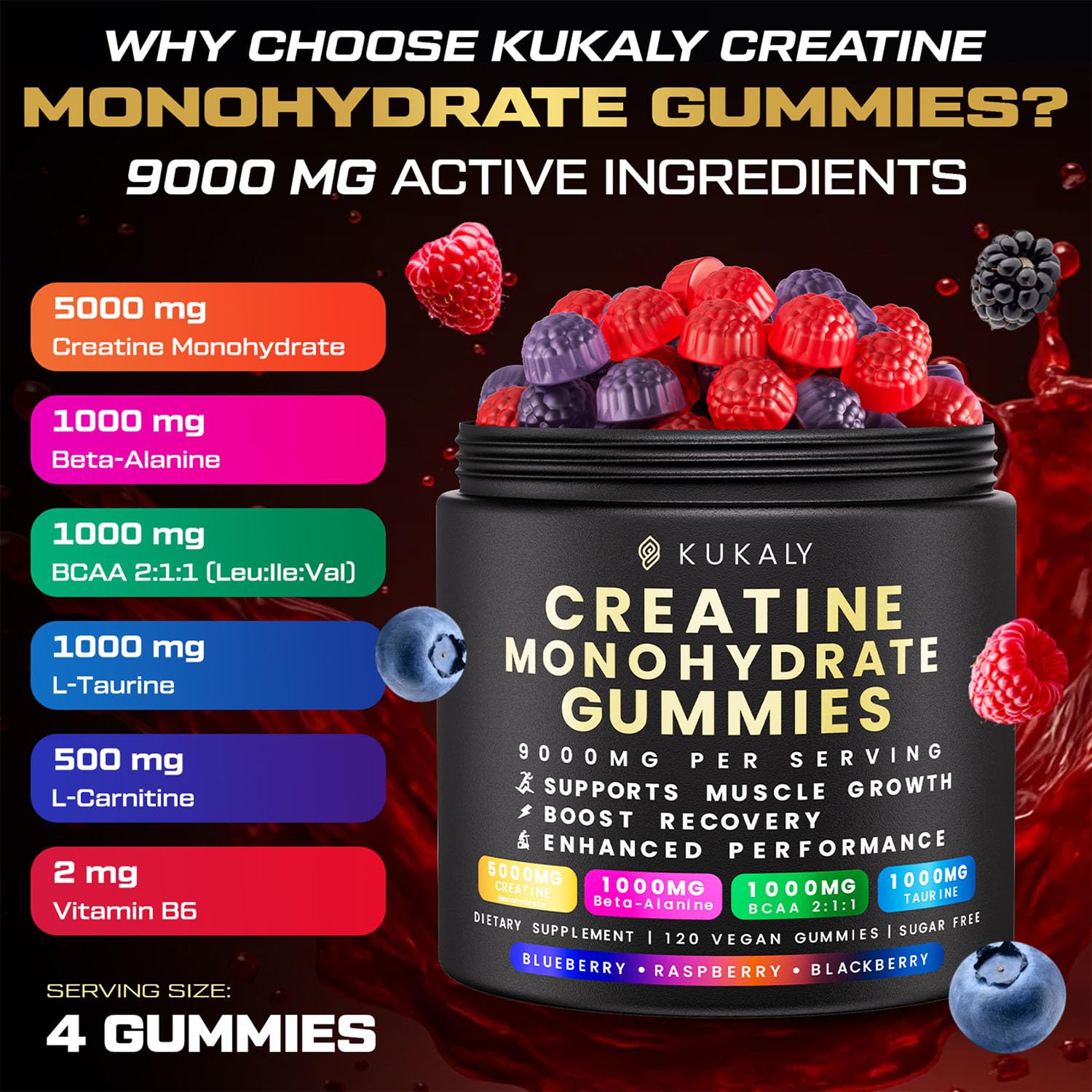 kukaly Creatine Monohydrate Gummies for Men & Women, 9000MG Creatine Gummies Sugar Free - Mixed Flavored with L-Taurine, BCAA 2:1, B12 B6 for Boost Strength, Focus & Endurance, Vegan, Non-GMO, 120pcs kukaly Au supplements