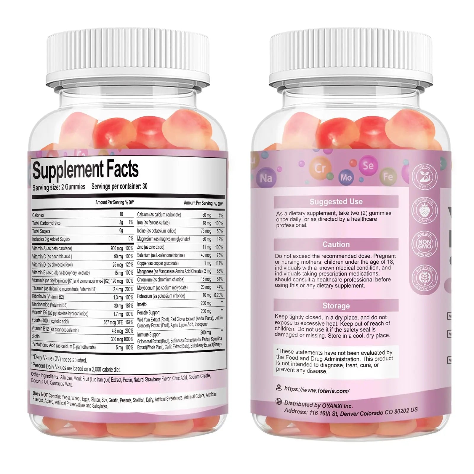 Totaria Sugar Free Multivitamin Gummies for Women 14+ w/Iron, Inositol, Folate, Biotin, Womens Daily Multivitamin Gummy w/Vitamin A, C, B, D3, K2 Totaria Au supplements