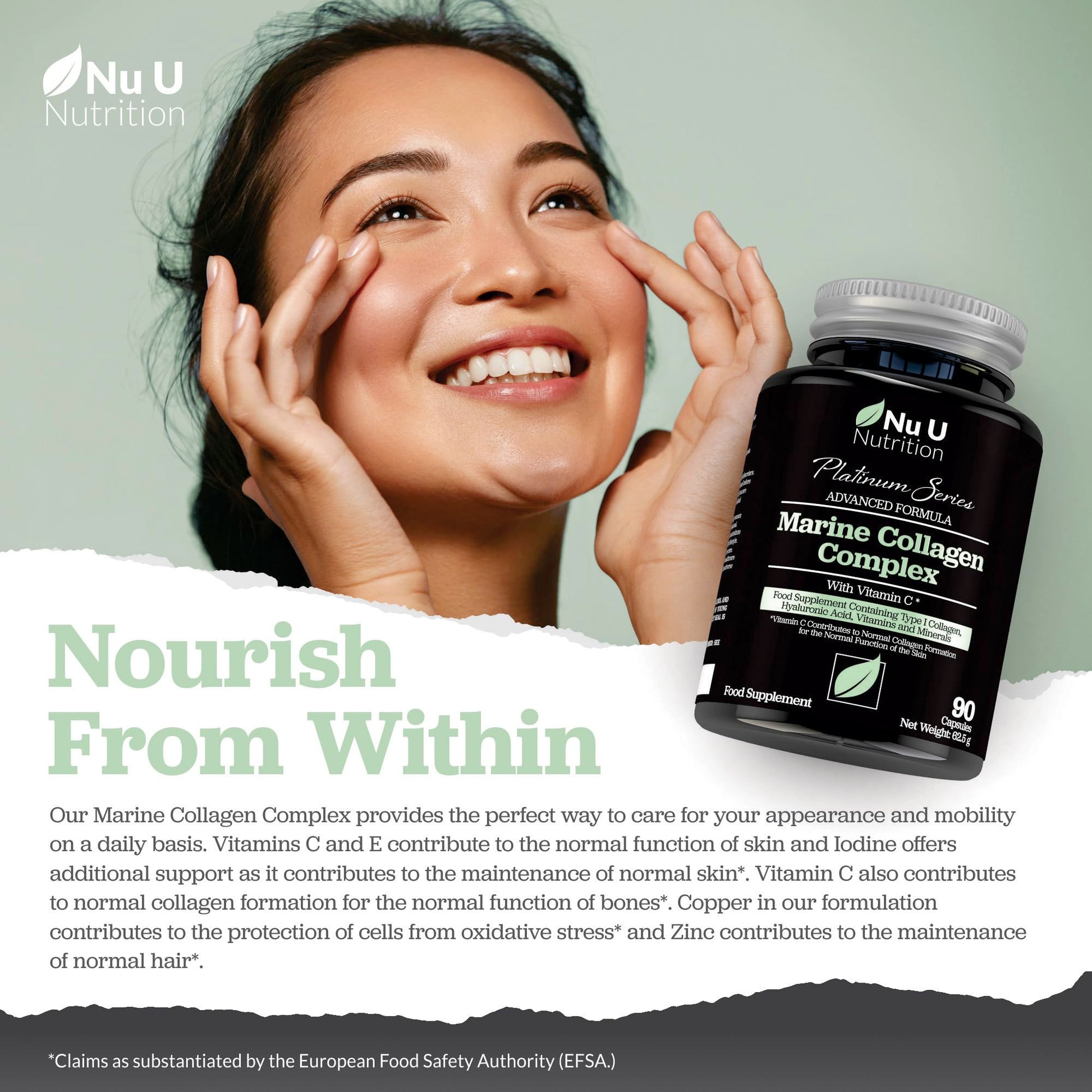 Marine Collagen with Hyaluronic Acid, Vitamin C - 90 Hydrolysed Capsules (not Tablets Nu U Nutrition Au supplements