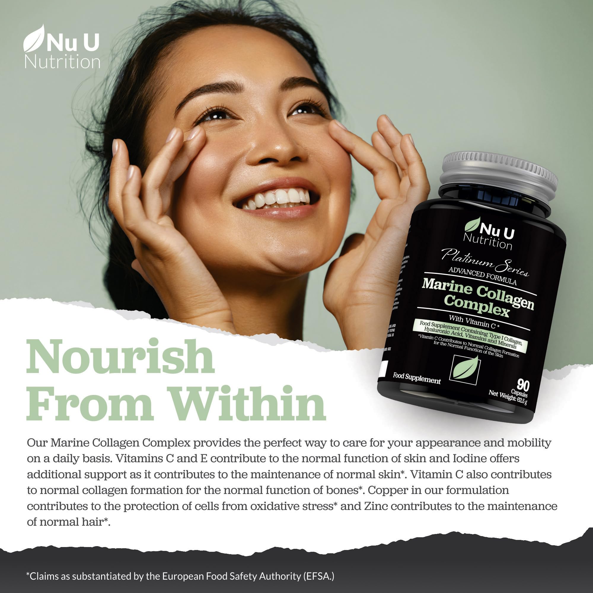 Marine Collagen with Hyaluronic Acid, Vitamin C - 90 Hydrolysed Capsules (not Tablets Nu U Nutrition Au supplements