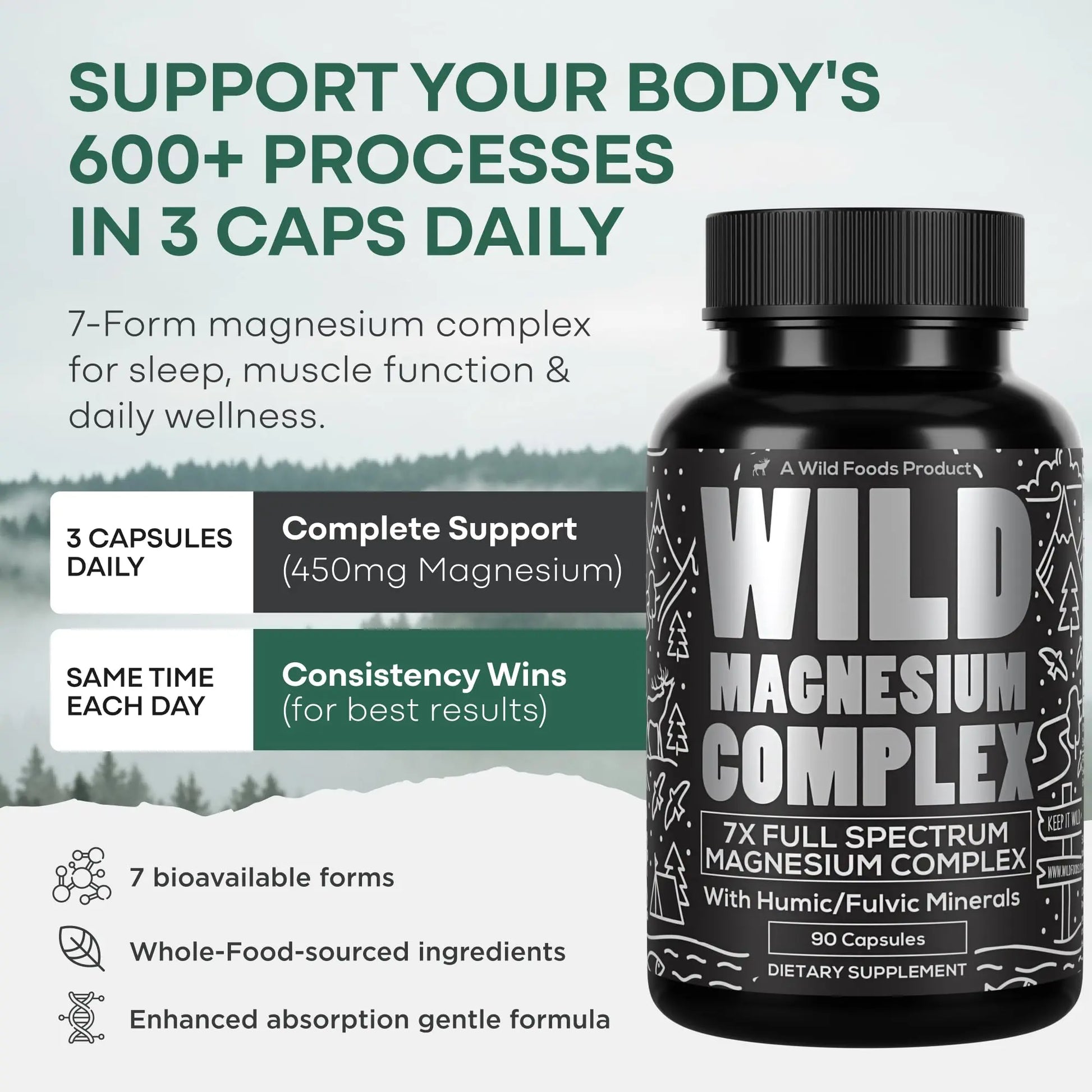 Wild Foods Magnesium Complex Supplement with 7X Forms, 90 Capsules | High Absorption, Full Spectrum, Easy Digestion | 500mg Glycinate, Bisglycinate, Malate, Orotate, Citrate, Taurate Wild Foods Au supplements