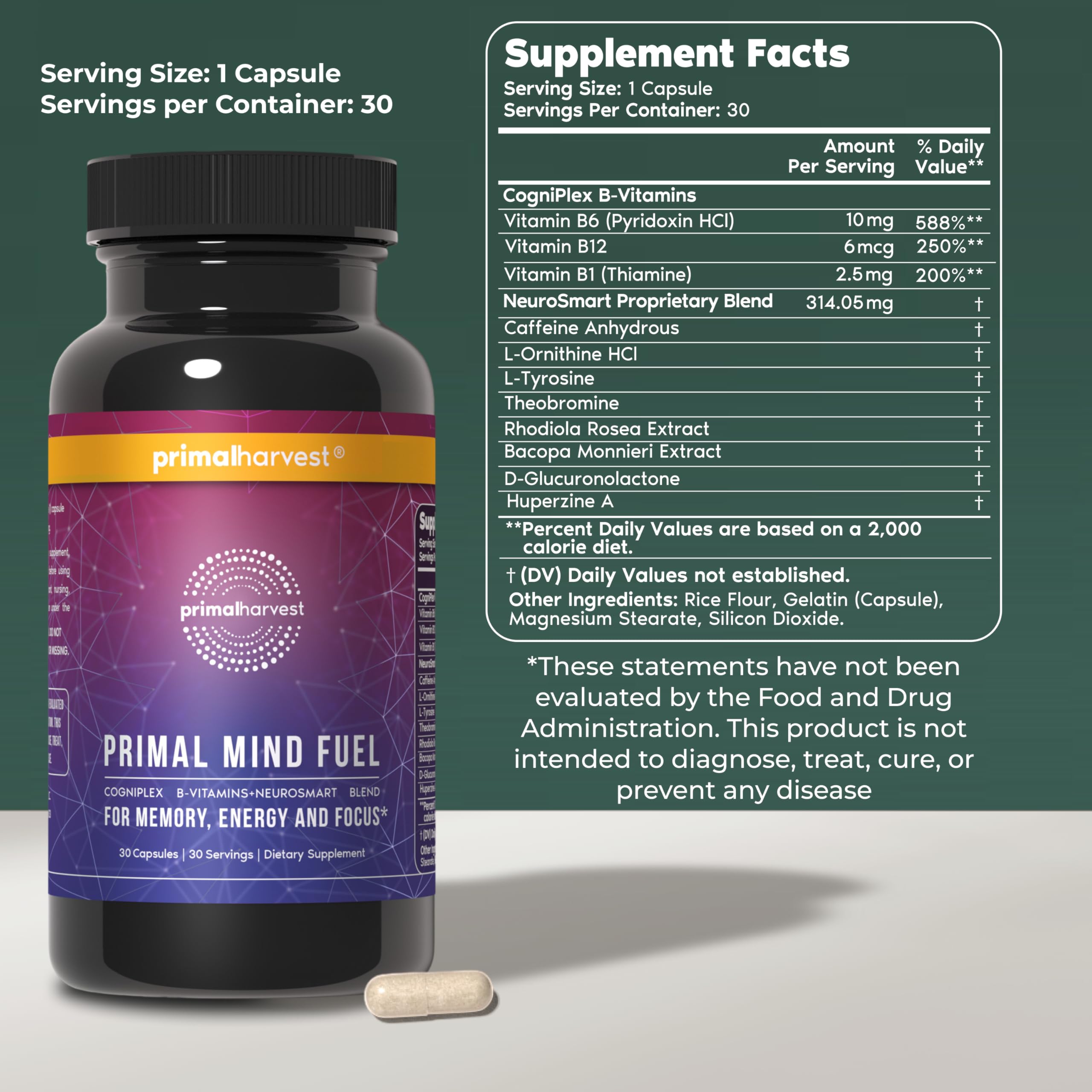 Primal Harvest Brain Supplement, Primal Mind Fuel Brain Booster for Focus, Energy, Clarity, Memory Brain Health 30 Capsules Nootropics Brain Support Supplement for Men and Women (2 Pack (30 Count)) Primal Harvest Au supplements