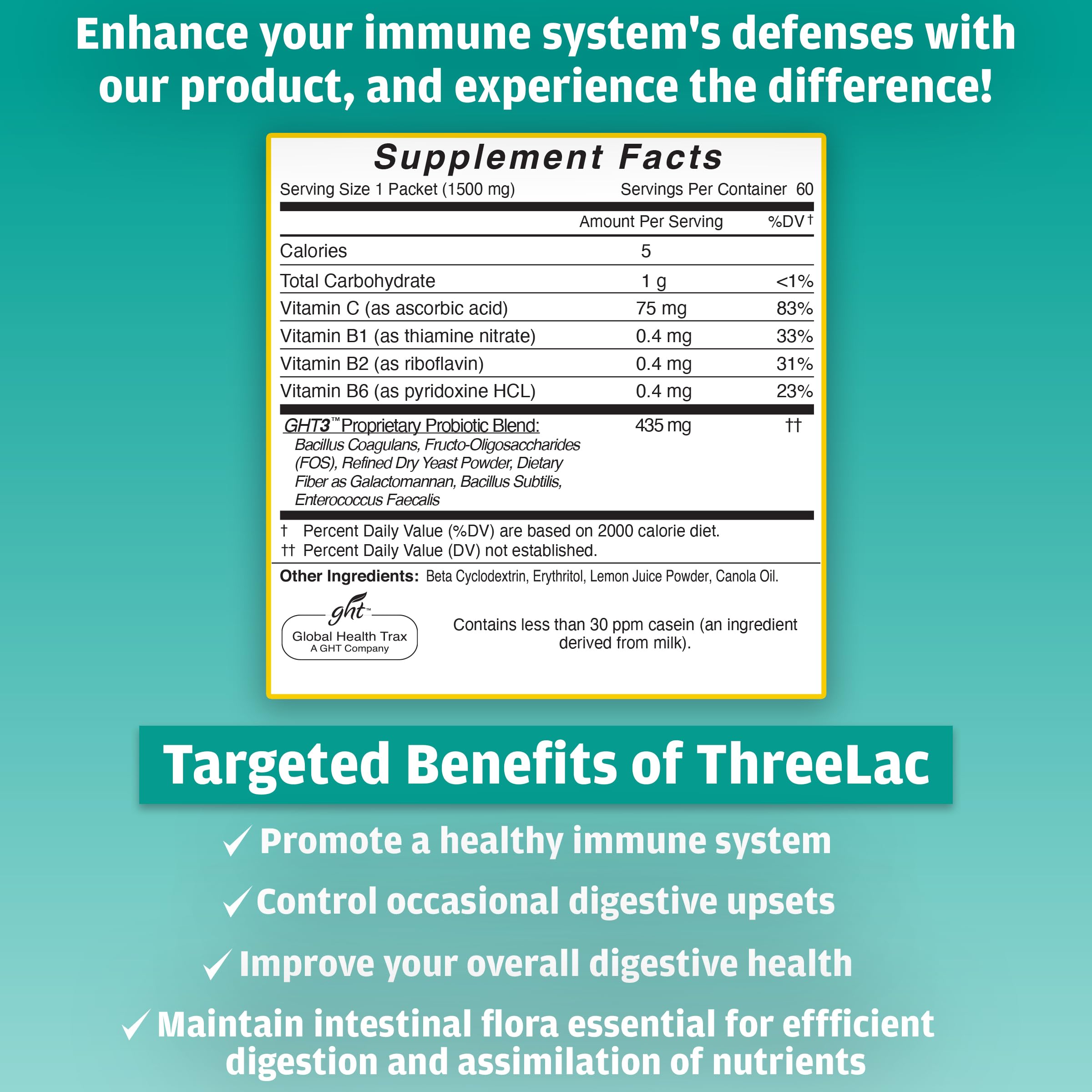 Global Health Trax GHT - ThreeLac Lemon Probiotic Drink Mix for Digestive Health - Advanced Probiotic Powder Formula for Men, Women & Kids - Immune Support & Gut Balance, Non-GMO - 60 Packets ght Global Health Trax Au supplements
