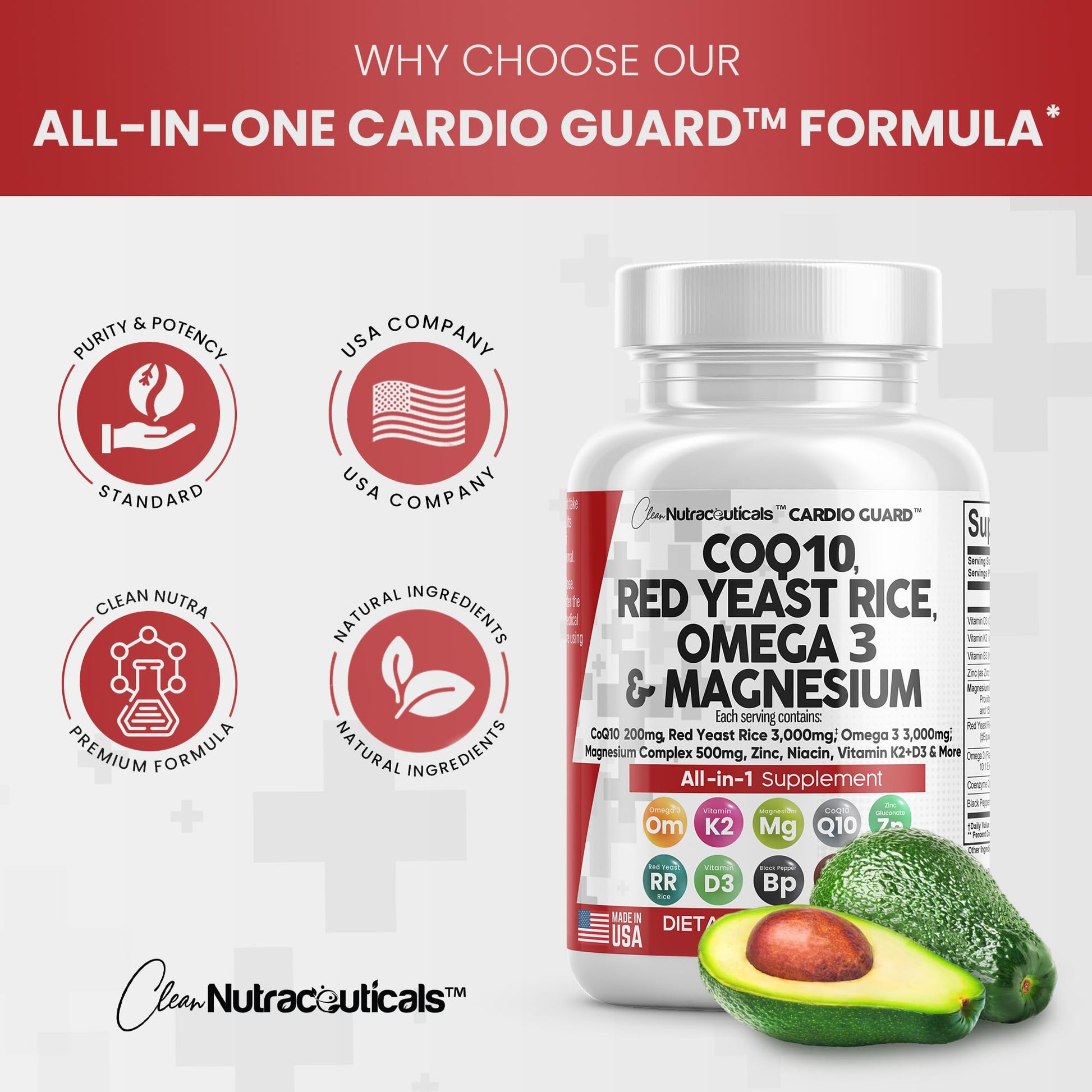COQ10 200mg Red Yeast Rice 3000mg Omega 3 3000mg Magnesium Clean Nutraceuticals Au supplements