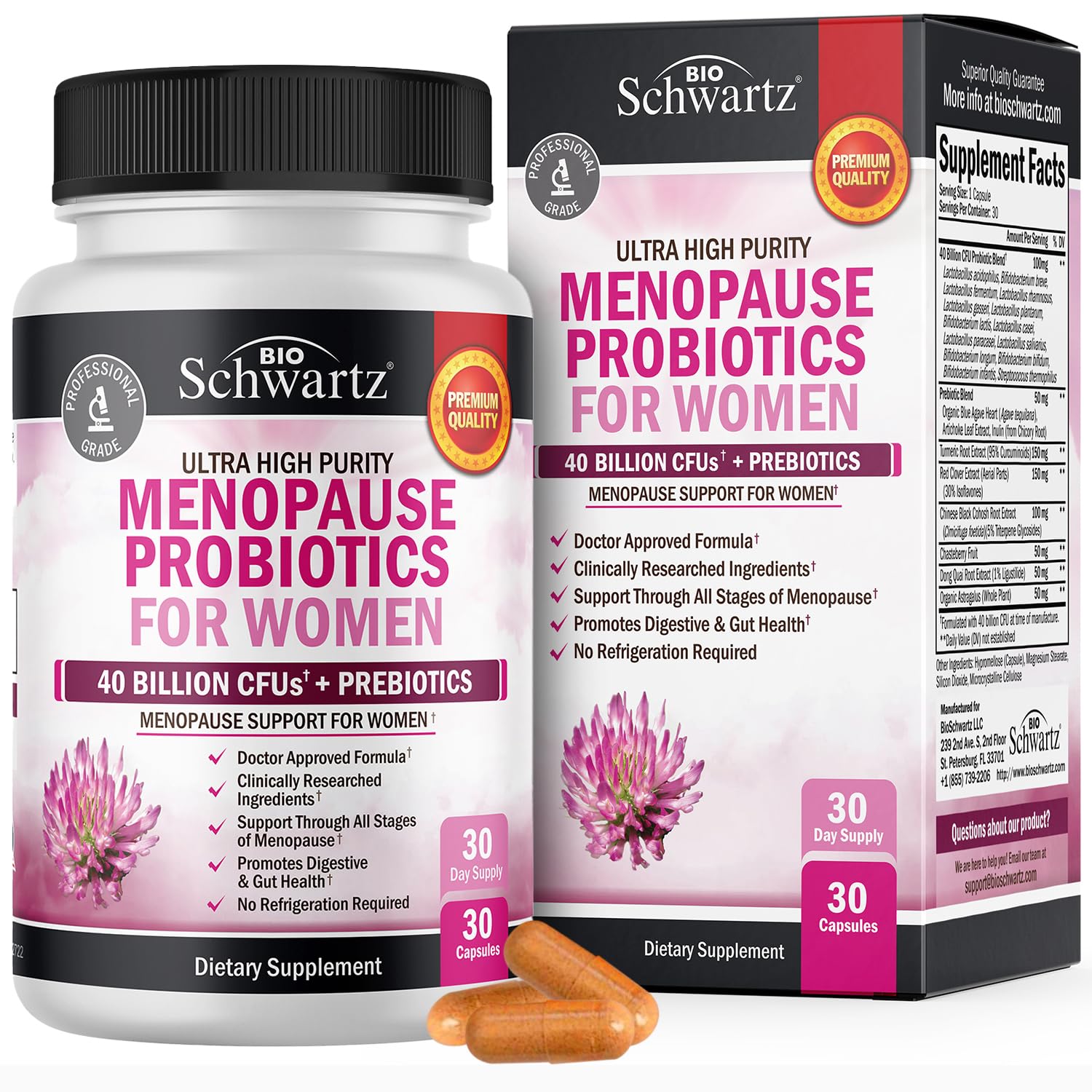 Menopause Supplements for Women - 40 Billion CFU Menopause Probiotics for Women - Support for Hot Flashes Night Sweats Mood Swings and Balance - Non-GMO, 30 Easy-Swallow Capsules, 30 Servings BioSchwartz Au supplements