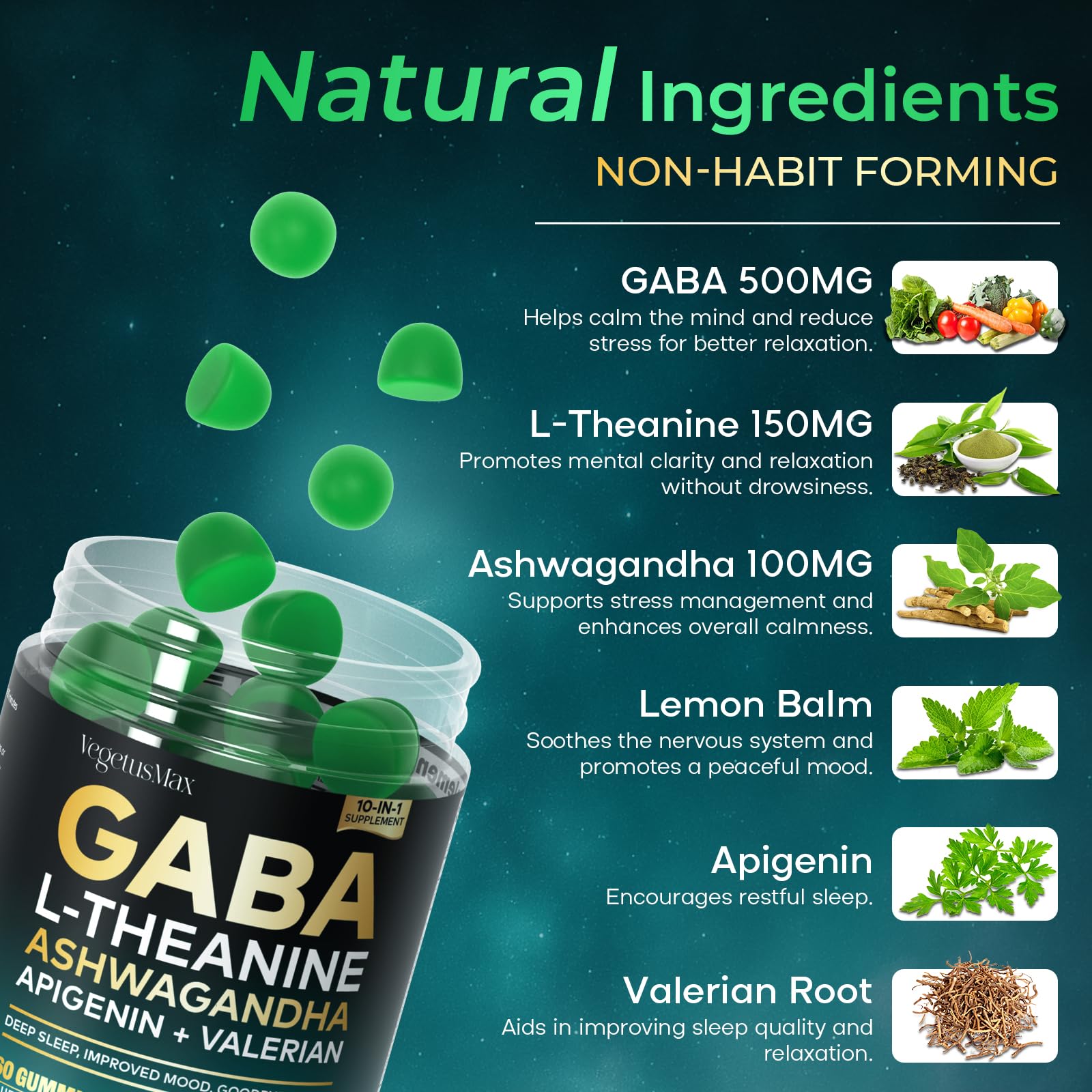 GABA L-Theanine Gummies, Sugar-Free Calm Gummies with L-Theanine, Ashwagandha,Valerian Root,Magnesium | Support Sleep,Stress Relief & Relaxation | GABA Supplement for Adult- Blueberry Flavor VEGETUSMAX Au supplements