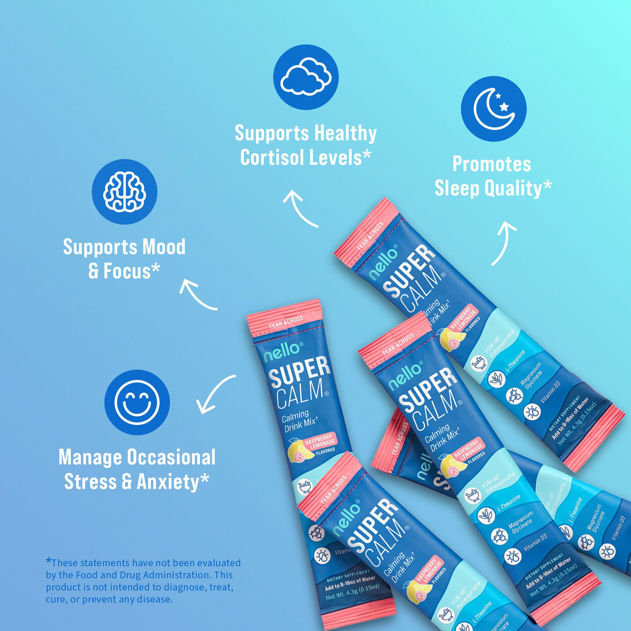 Nello Supercalm Powdered Drink Mix, Cortisol Reducer and Sleep Aid Supplement, L Theanine, Ksm-66 Ashwagandha, Magnesium Glycinate, Vitamin D 3, No Sugar, Non GMO, On The Go, 20 Ct, Raspberry Lemonade Nello Au supplements