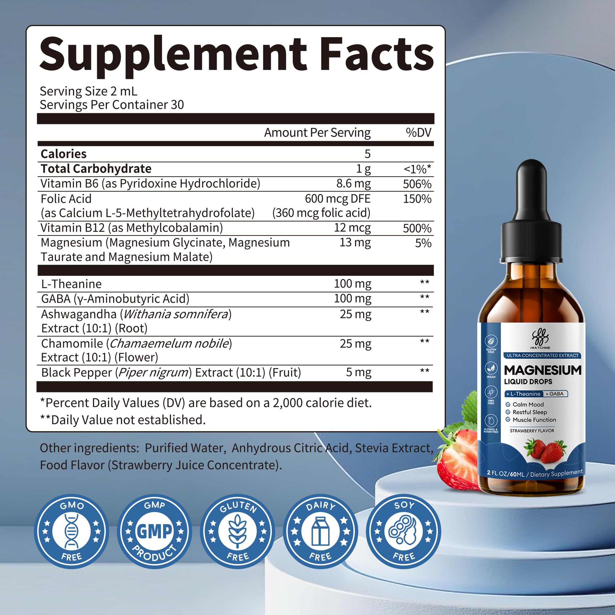 Liquid Magnesium Glycinate Drops for Nighttime Sleep & Calm Support, Triple Chelated Magnesium Complex with L-Theanine & GABA, Pre-Dissolved Liquid for Gentle Absorption, Strawberry Flavor, 2 Fl Oz iMATCHME Au supplements