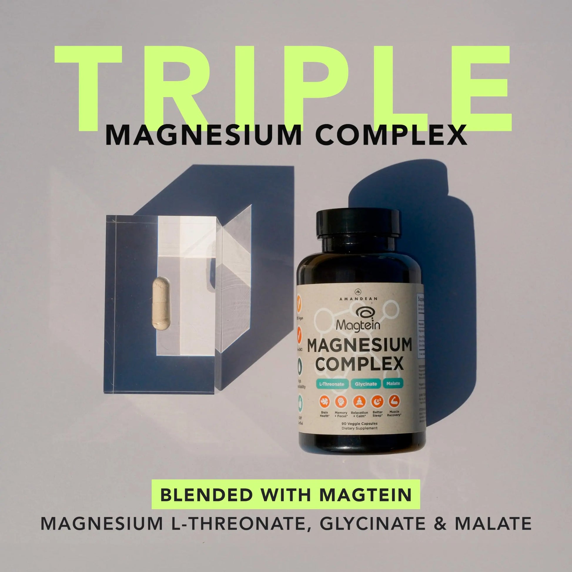 AMANDEAN Magtein Magnesium Complex. L-Threonate, Glycinate, Malate Triple Blend Chelated Magnesium Supplement. 90 Veggie Capsules. High Absorption Branded Ingredients. Brain Health, Sleep, Calm*. AMANDEAN Au supplements