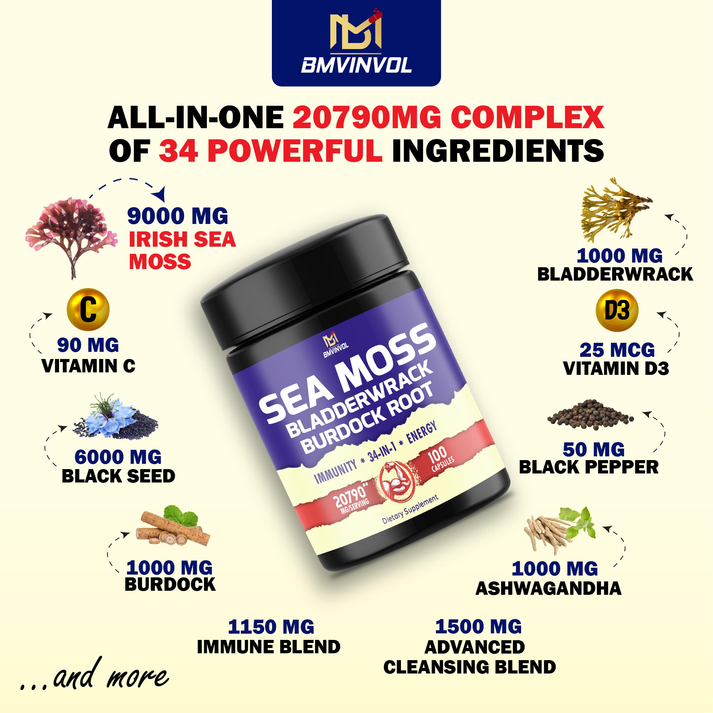 BMVINVOL 100 Capsules - Sea Moss Capsules 20790mg with Bladderwrack, Burdock BMVINVOL Au supplements