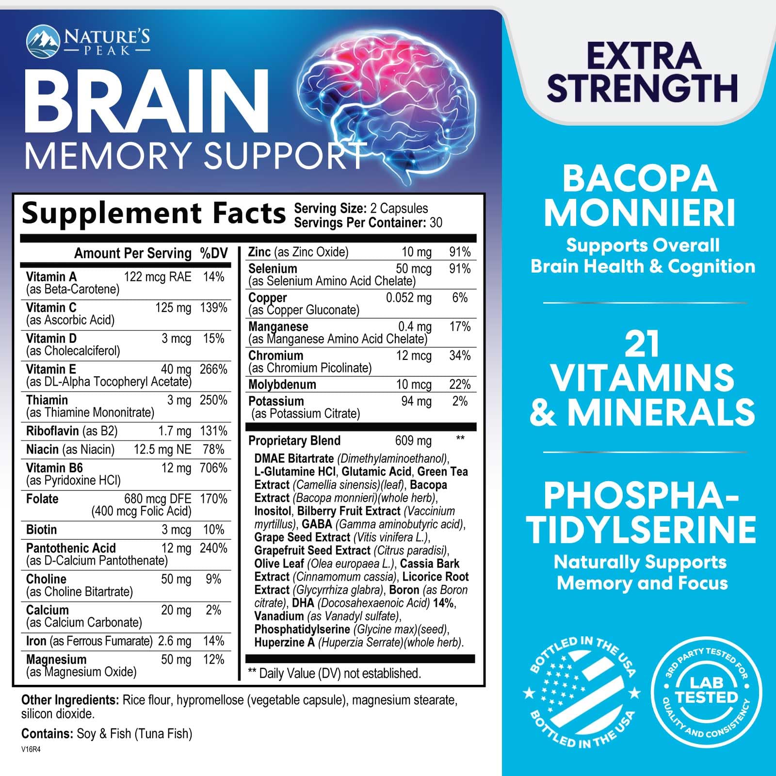 Brain Memory Supplement - 3X Strength Nootropics for Concentration, Clarity & Focus Support - Brain Health Cognitive Vitamins with Bacopa, Phosphatidylserine & DMAE, Brain Booster Pills, 60 Capsules Nature's Peak Au supplements
