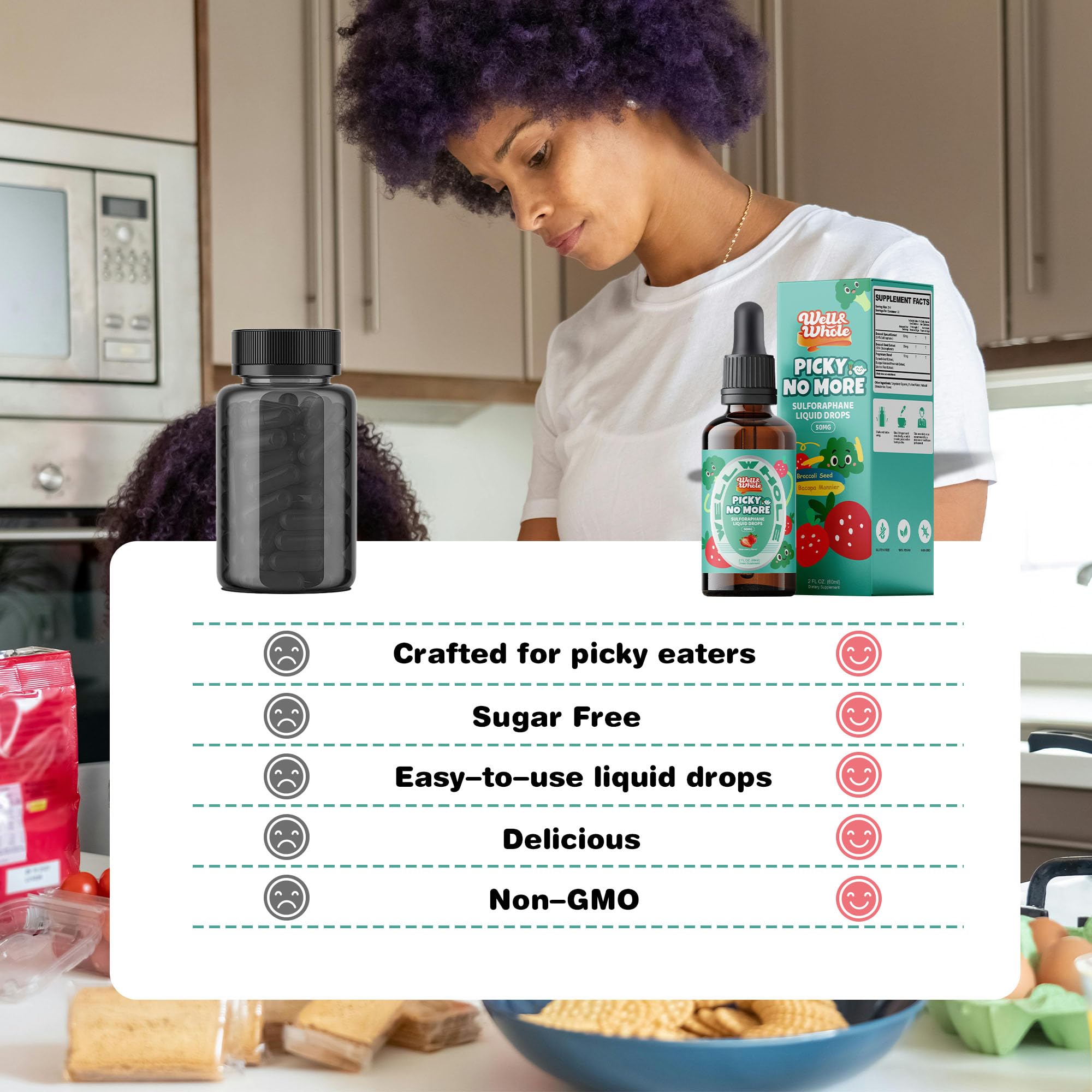 Well&Whole Sulforaphane Kids Liquid Supplement – Pick No More Broccoli Sprout Extract Drops, Hidden Greens for Picky Eaters, Daily Nutrition Support, Sugar-Free, Vegan, 60mL Well&Whole Au supplements