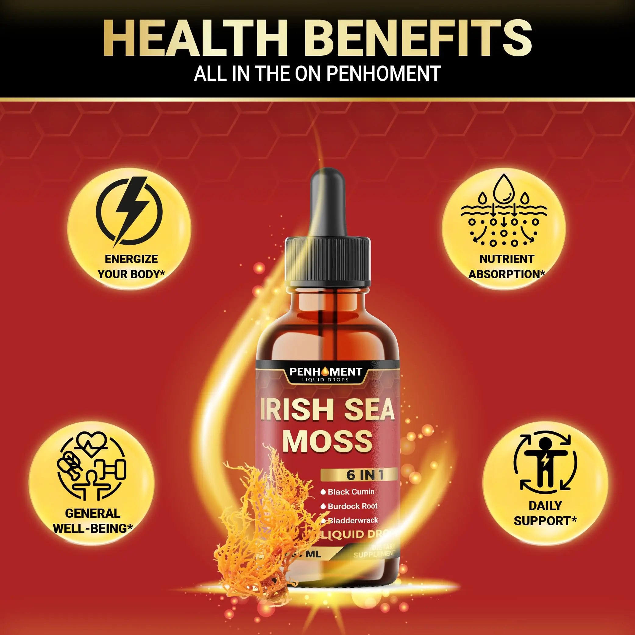 Penhoment 6in1 Sea Moss Drops with Black Seed Oil Irish Seamoss, Ashwagandha, Burdock Root & Bladderwrack - 1FL Oz - 30 Day Supply Penhoment Au supplements