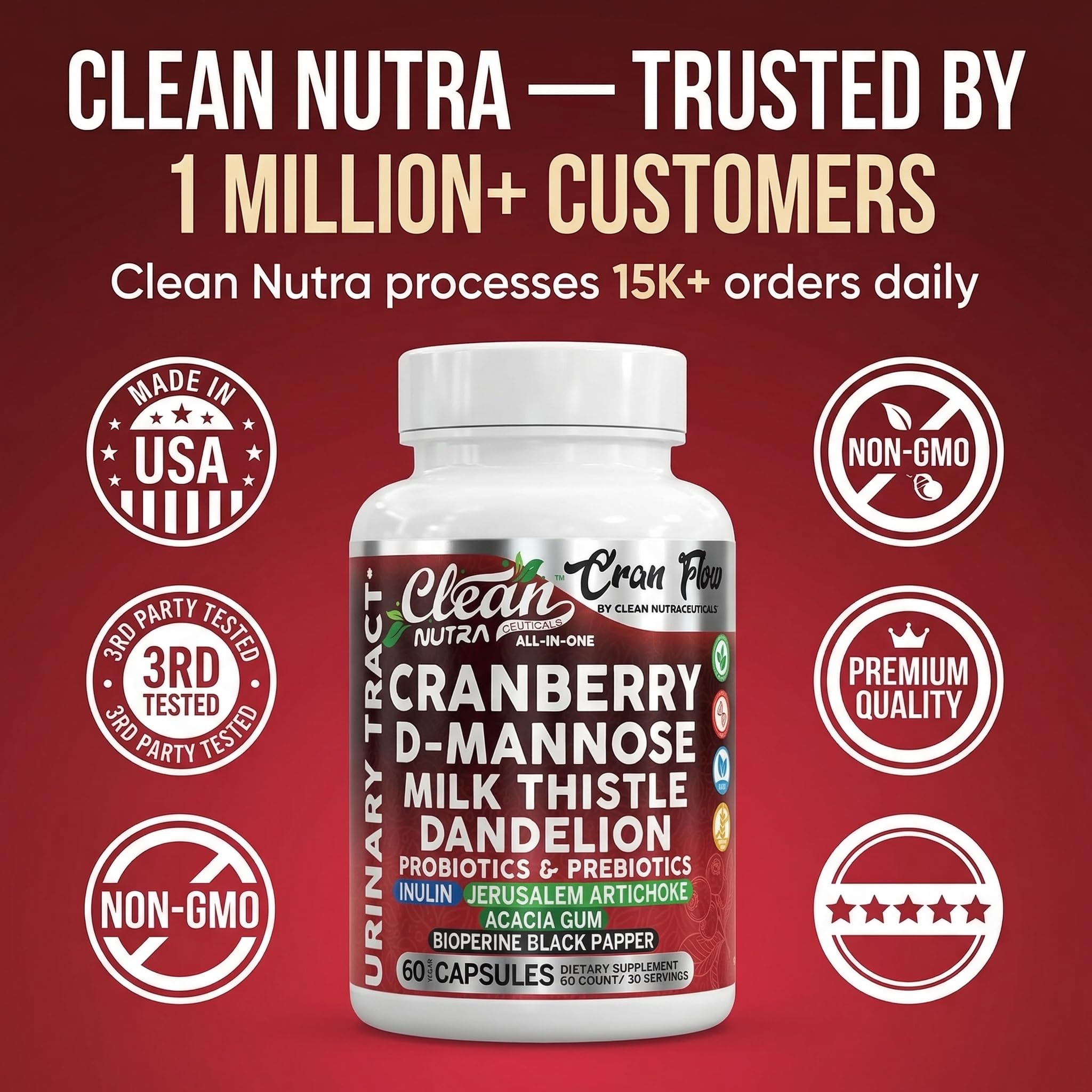 Cran Flow Cranberry Pills for Urinary Health D-Mannose Milk Thistle Dandelion Inulin Vitamin C Prebiotics and Probiotics Bladder Support By Clean Nutra Clean Nutraceuticals Au supplements