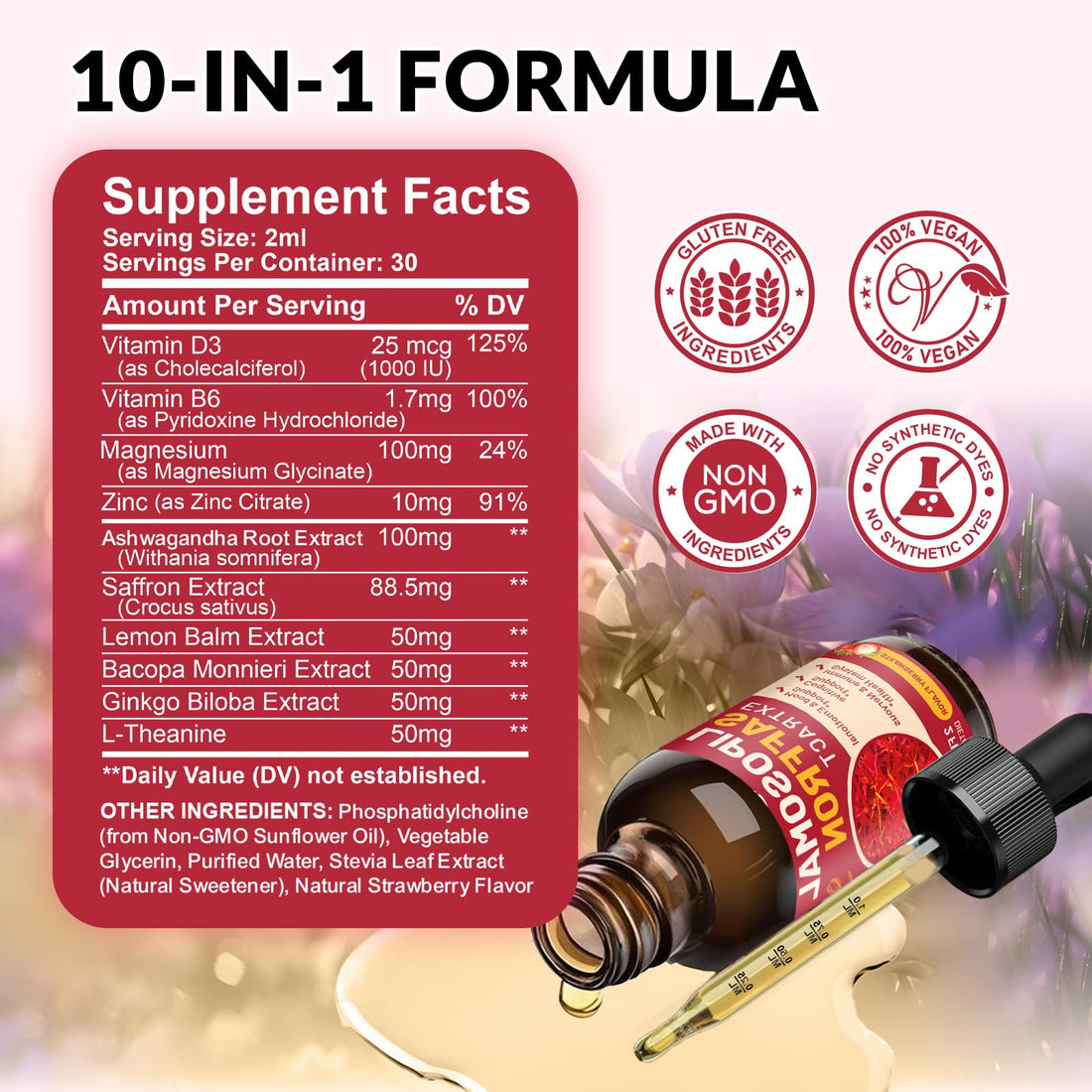 Saffron Supplements - 88.5mg Saffron Extract Liposomal Liquid Drops with Magnesium, Zinc, Ashwagandha, L-Theanine, Vitamin B6, D3 for Antioxidant Mood Energy Vision & Focus, Strawberry Flavor 2 Fl Oz ReviNutra Au supplements