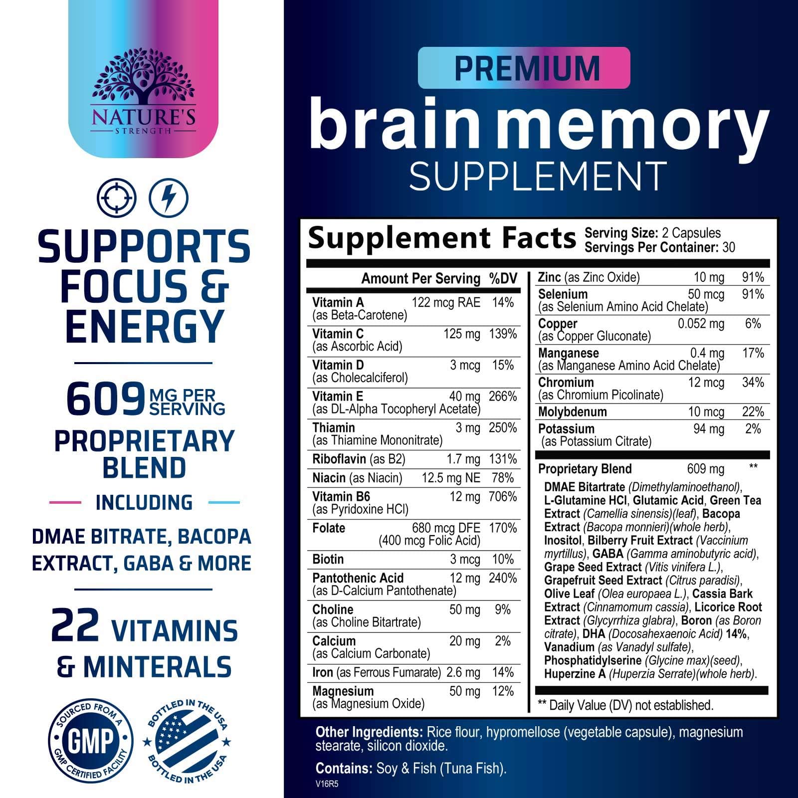 Brain Memory Supplement Pills - 3X Strength Nootropics for Concentration, Clarity & Focus Support - Brain Health Cognitive Vitamins with Bacopa, Phosphatidylserine & DMAE, Brain Booster - 60 Capsules Nature's Strength Au supplements