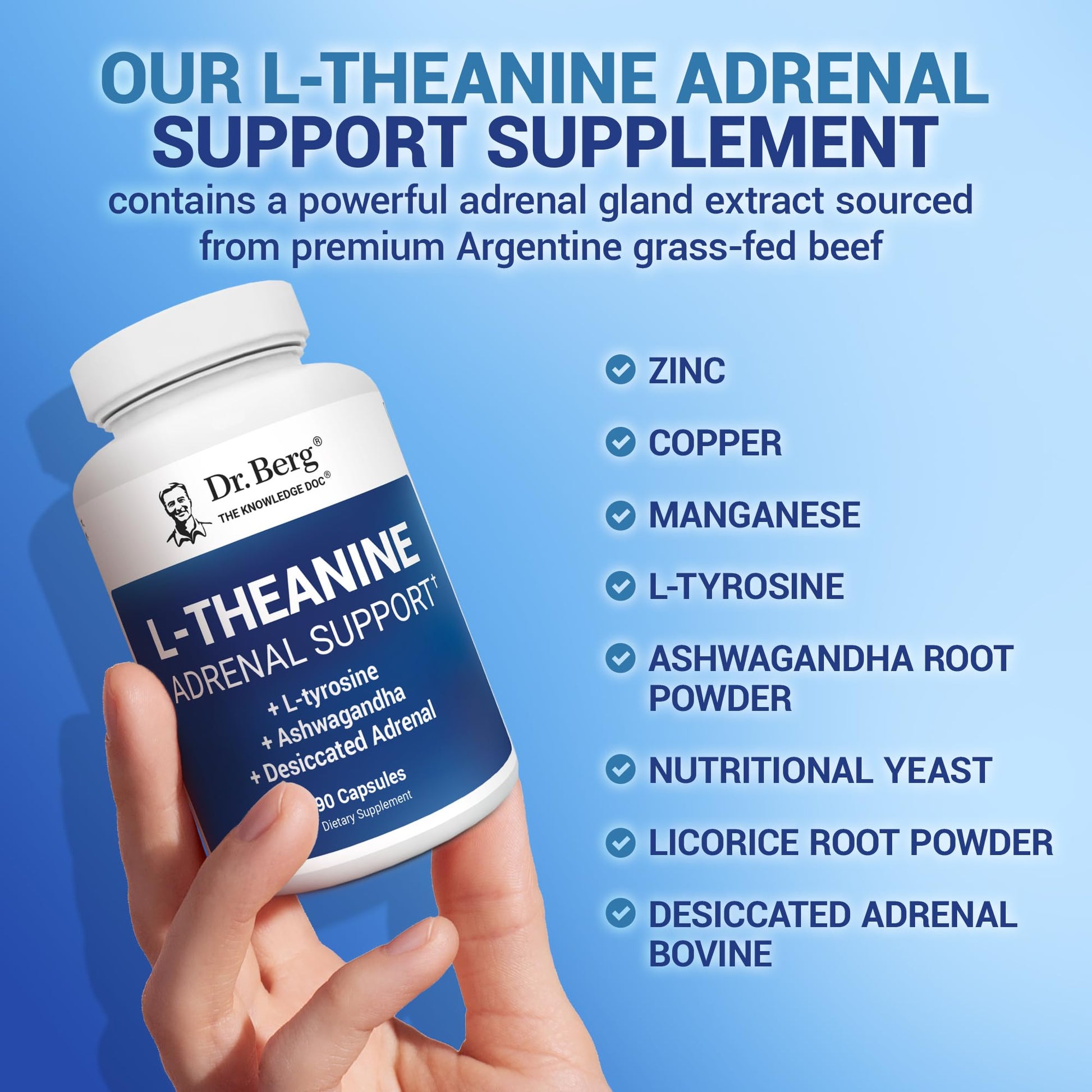 Dr. Berg L-Theanine 200mg - Includes Zinc, Copper, L-Tyrosine, & Ashwagandha – L-Theanine Supplement Adrenal Support - for Relaxation, Stress Relief, and Mental Clarity* – 90 Gelatin Capsules Dr. Berg NutritionalsUS supplements