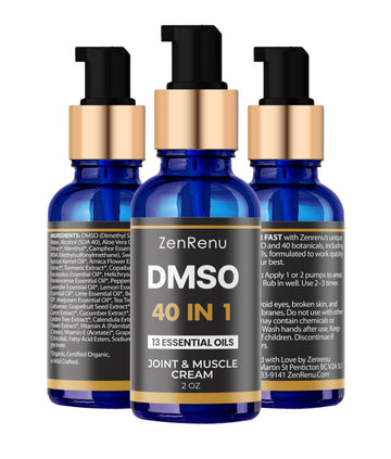 Zenrenu DMSO Cream 99.995% Pure Pharmaceutical Grade - 40-in-1 Advanced Formula -12 Essential Oils, Arnica, Aloe Vera, MSM - Fast-Absorbing Cream – 2 oz Glass Pump Bottle – Made in USA Zenrenu Au supplements