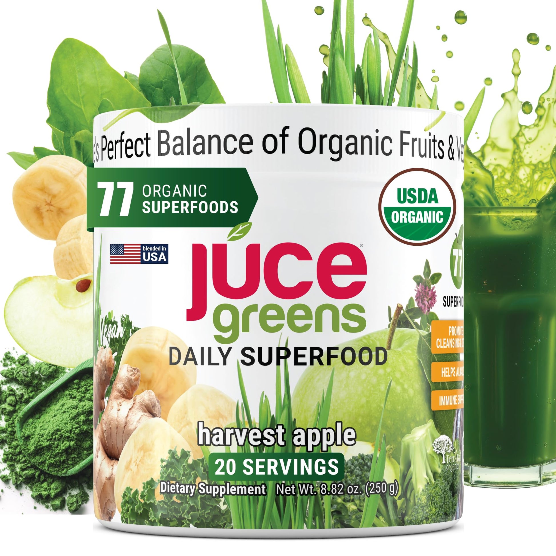 Terra Kai Organics JUCE Green Superfood Powder, Organic Fruits and Veggies Supplement W/ 77 Superfoods Plus Prebiotic Probiotic Blend, Harvest Apple Flavor - 20 Servings (250 g) Terra Kai Organics Au supplements