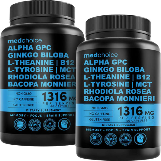 12-in-1 Nootropic Brain Supplement Anhydrous: Ginkgo Biloba for Brain Support, Memory and Focus - B12, Alpha GPC, L Theanine and Choline Supplements with Bioperine non Caffeinated 1321mg (120ct) MEDCHOICEAU supplements