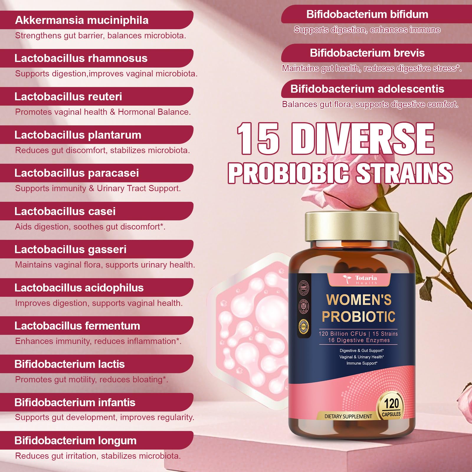 Totaria Probiotics for Women, 120 Billion Women Probiotic, with Akkermansia, Digestive Enzymes & Prebiotics, Cranberry, D-Mannose, for Gut, Vaginal, Urinary, Immune, PH Balance, 120 Vegan Capules Totaria Au supplements