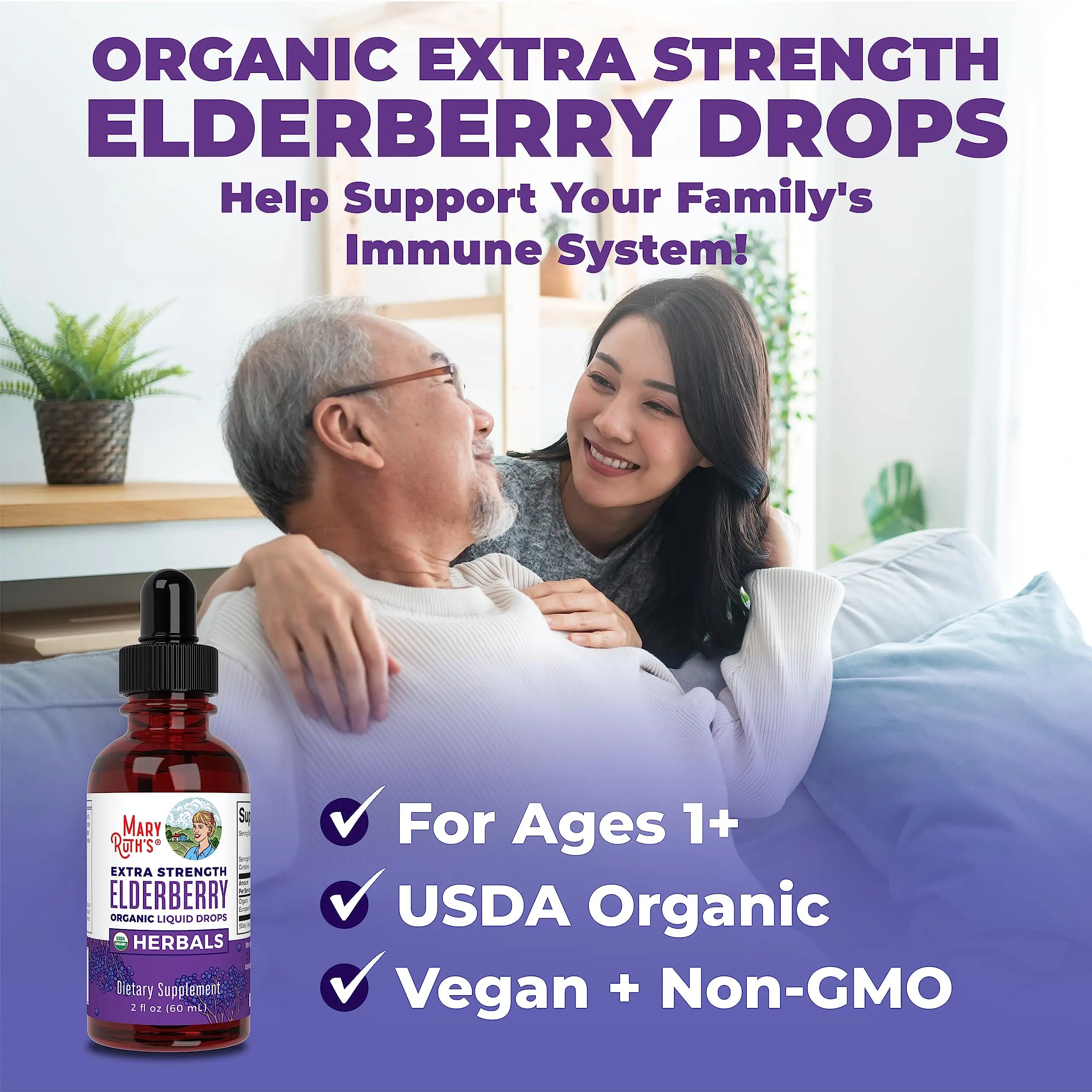 MaryRuth Organics Elderberry Syrup Extra Strength, USDA Organic Elderberry, Sugar Free Adults & Kids Immune Support Supplement for Ages 1+, Clean Label Project Verified®, Vegan, Gluten Free, 2 Fl Oz MARYRUTH'S Au supplements