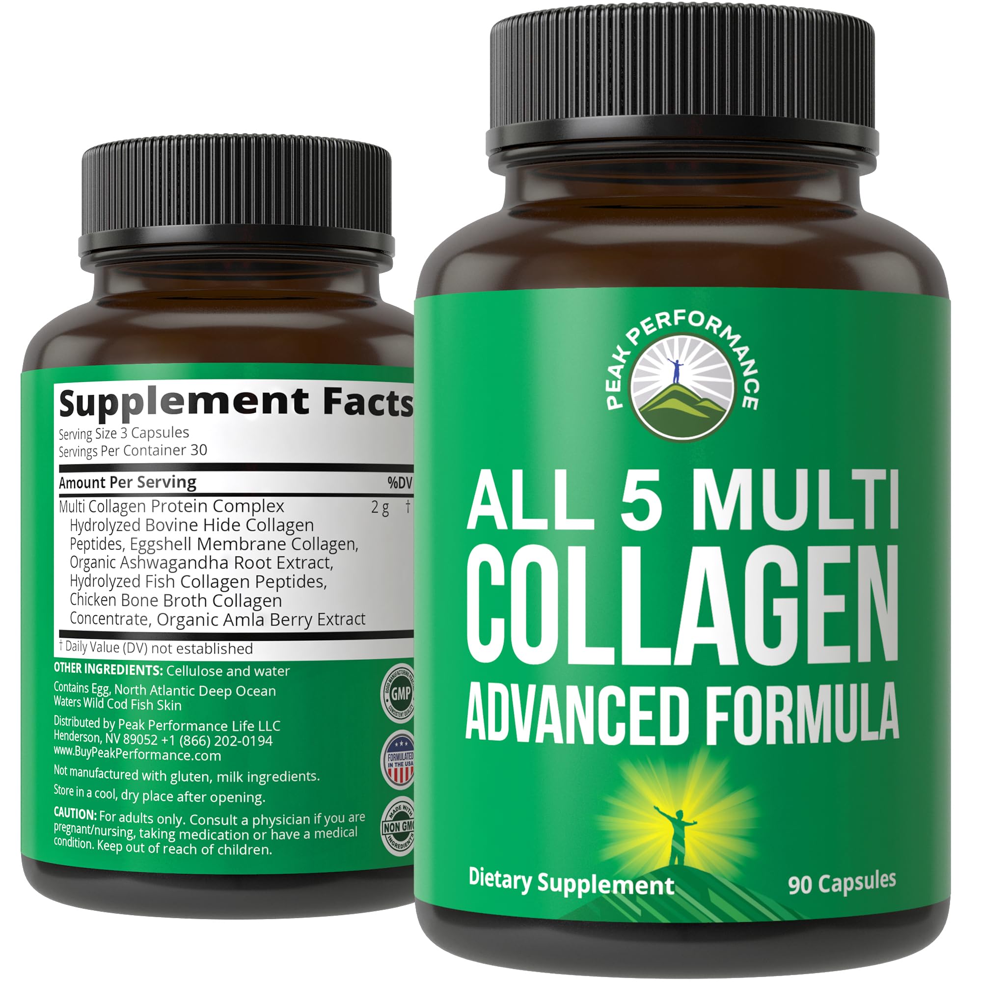 Peak Performance All 5 Multi-Collagen Capsules - 90 Pills of Grass Fed Peptides Protein - Supplement with All 5 Collagen Types I, II, III,V, X from Beef, Fish, Eggshell, and Chicken Bone Broth Peak Performance Au supplements
