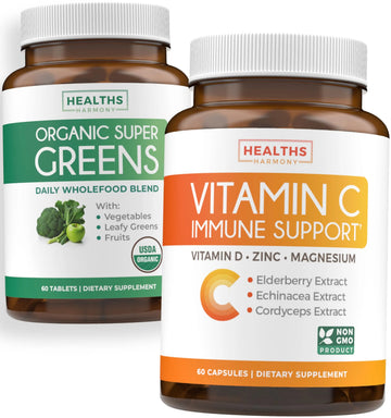 Super Greens & Vitamin C (1-Month Supply) Greens & C Synergy Bundle of Organic Super Greens Powder - Complete Superfood (60 Capsules) & & Vitamin C Immune Support (60 Vegetarian Caps)(Non-GMO) Healths Harmony Au supplements