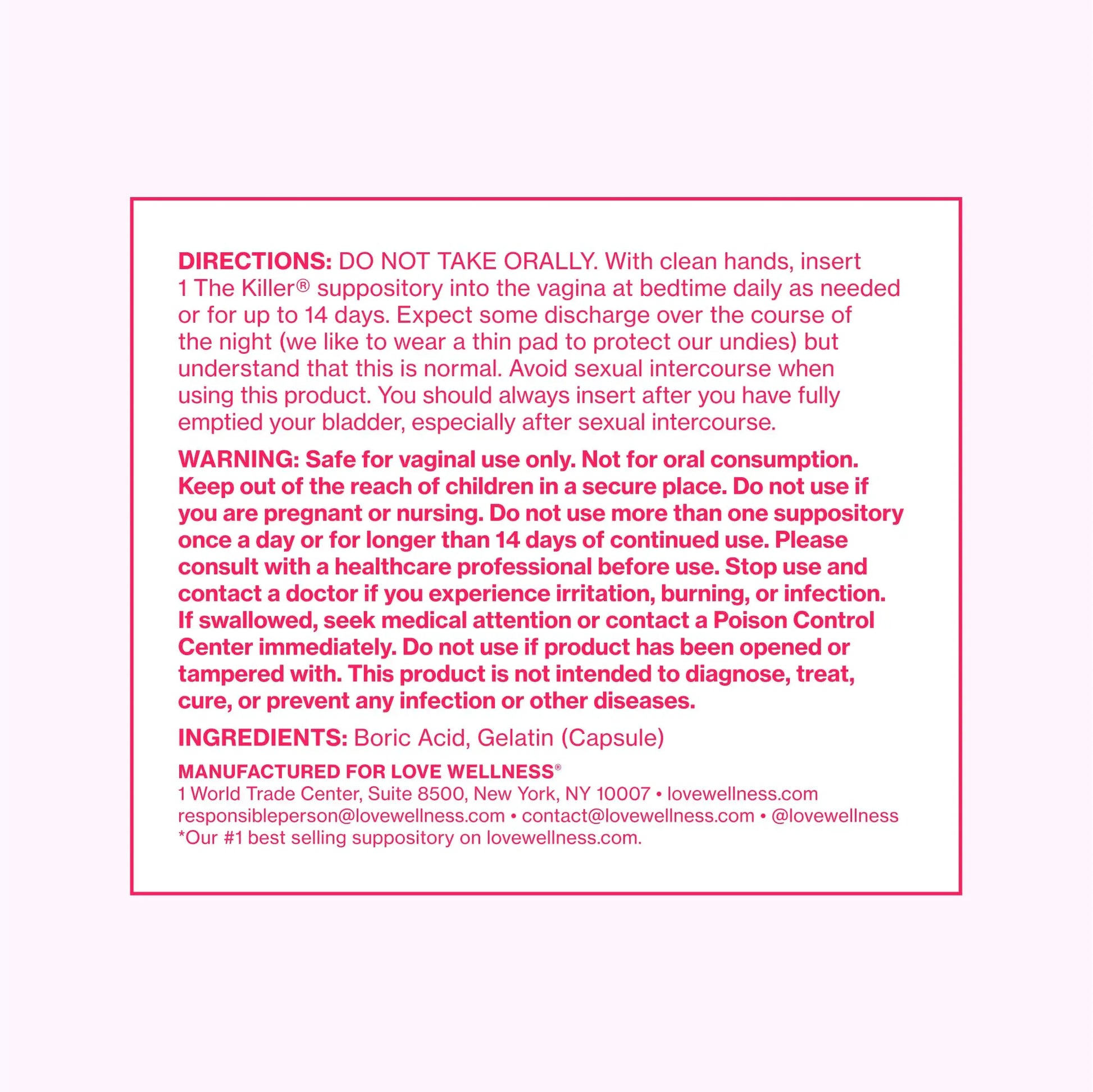 Love Wellness The Killer | 600mg Boric Acid Vaginal Suppositories | Balances pH & Supports Odor Control, a Healthy Vaginal Balance | Fast-Acting & Fragrance-Free | Gentle & Effective | 28 Ct Love Wellness Au supplements
